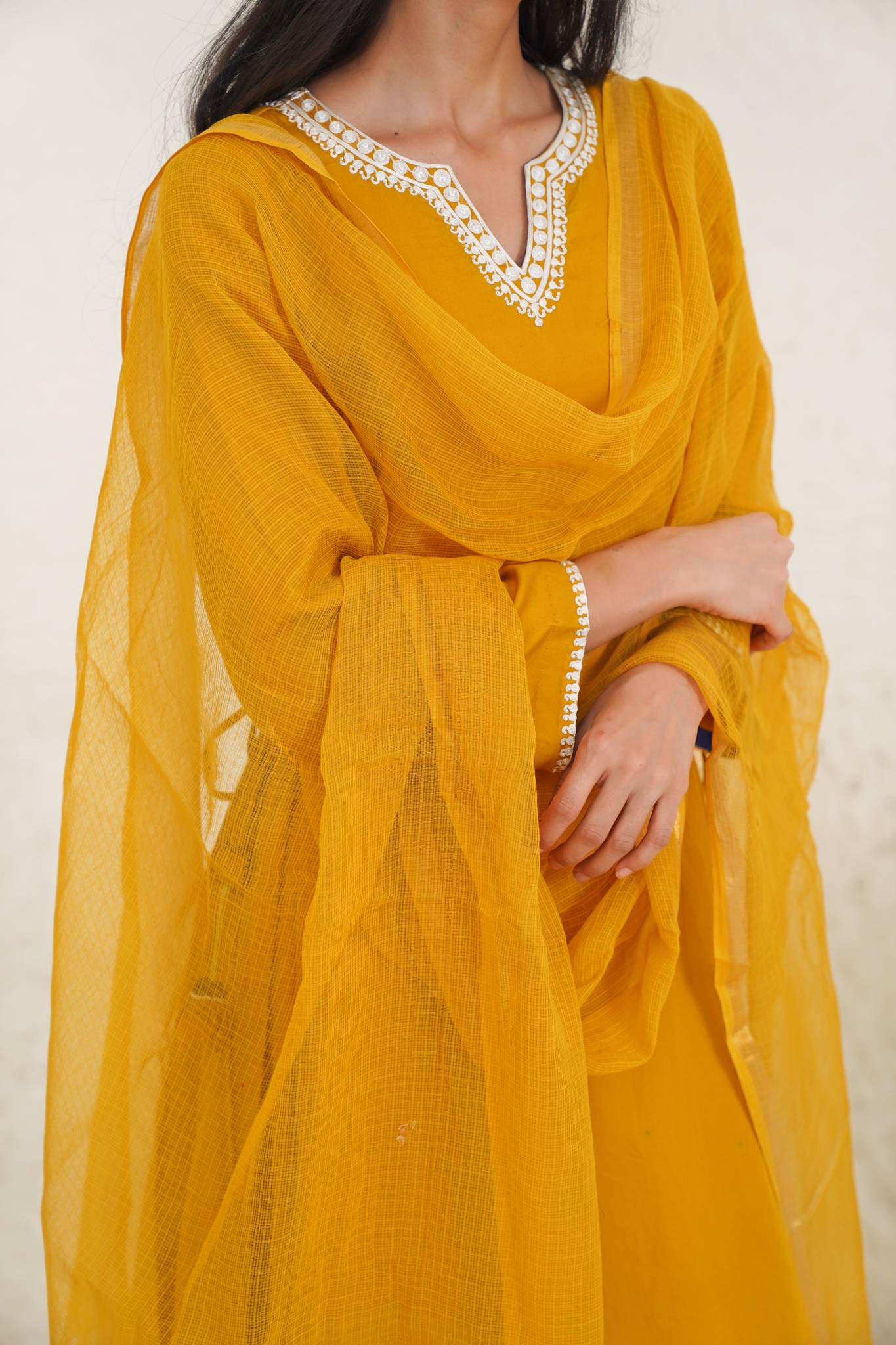 Gold Cashmere Kurta with Wide Leg Pants & Dupatta - Set of 3