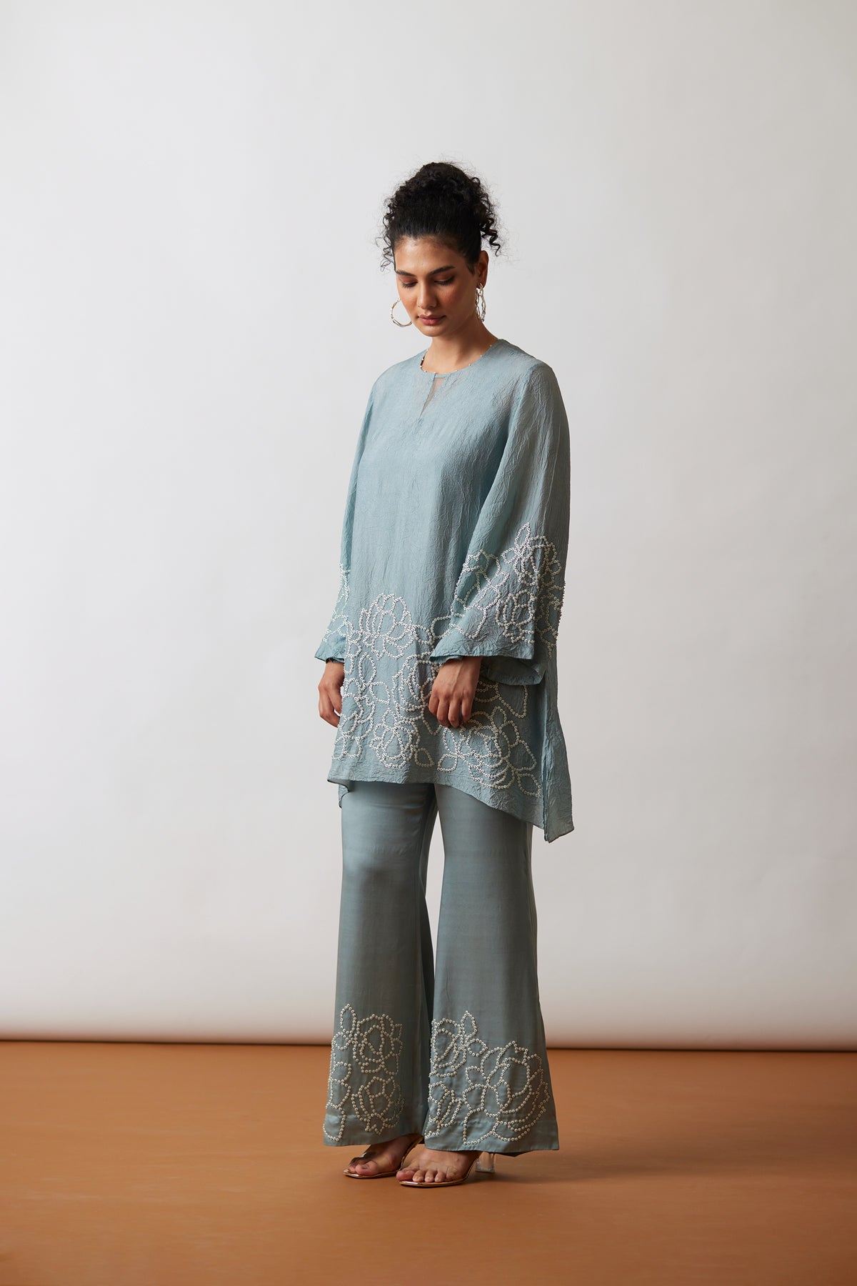 cloud blue Crushed silk Tunic set