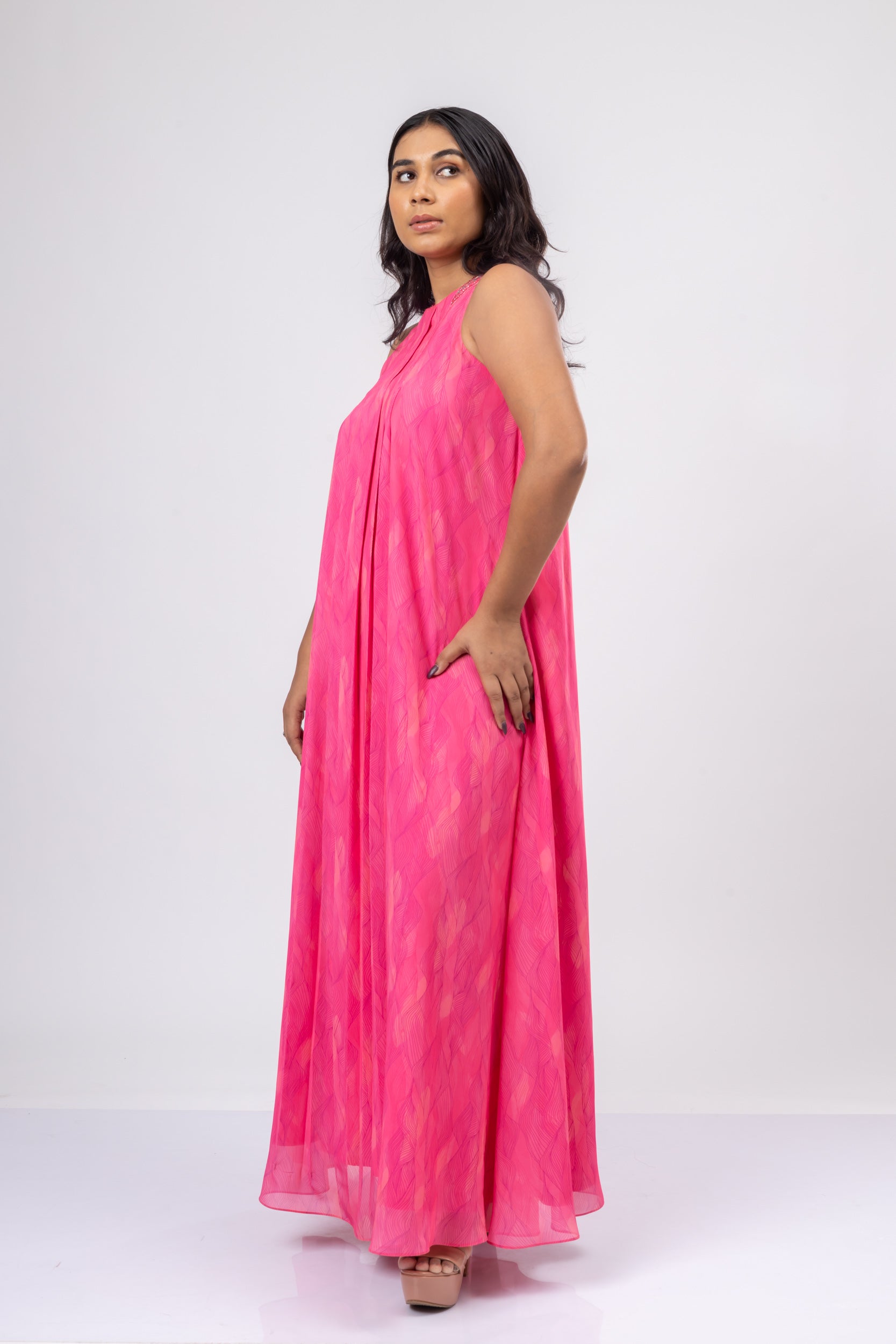 Irises Pink Halter Neck Maxi Dress