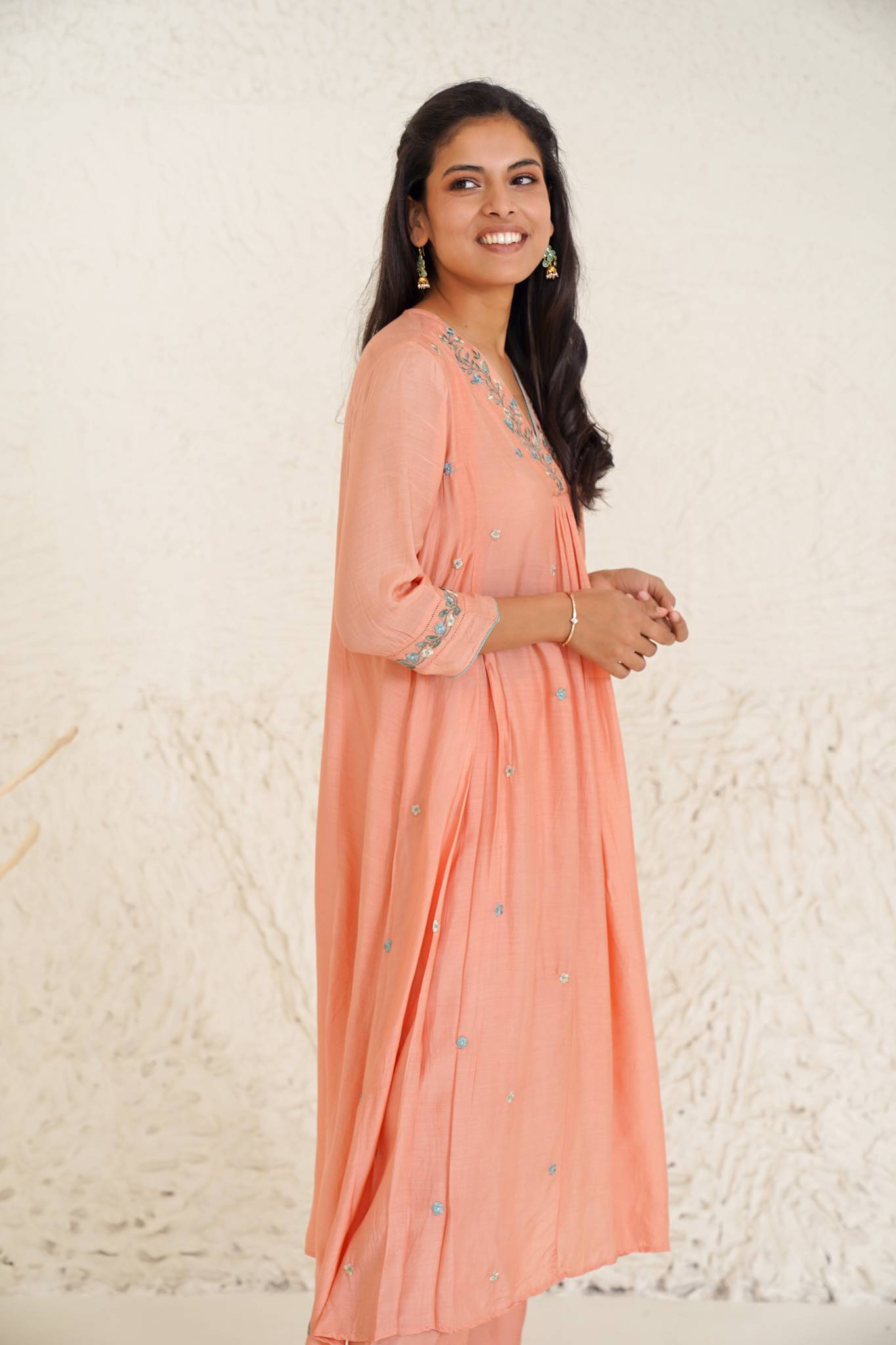 Coral Daisy Kurta with Narrow Pants- Set of 2