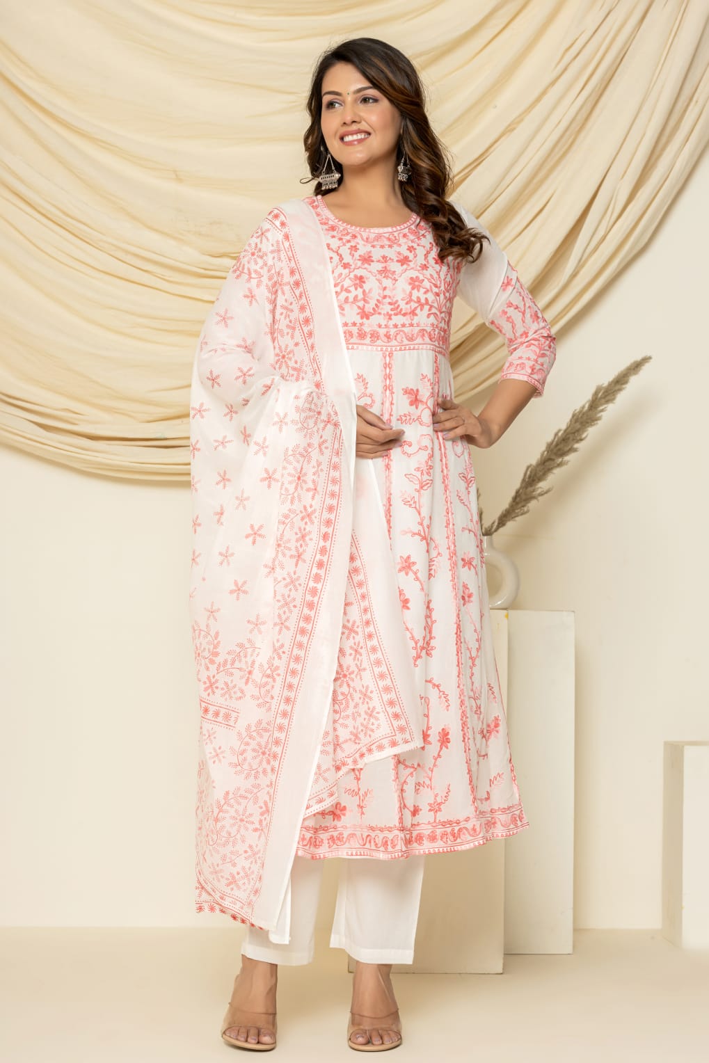 Peach -aari embroidered suit set with pant and dupatta