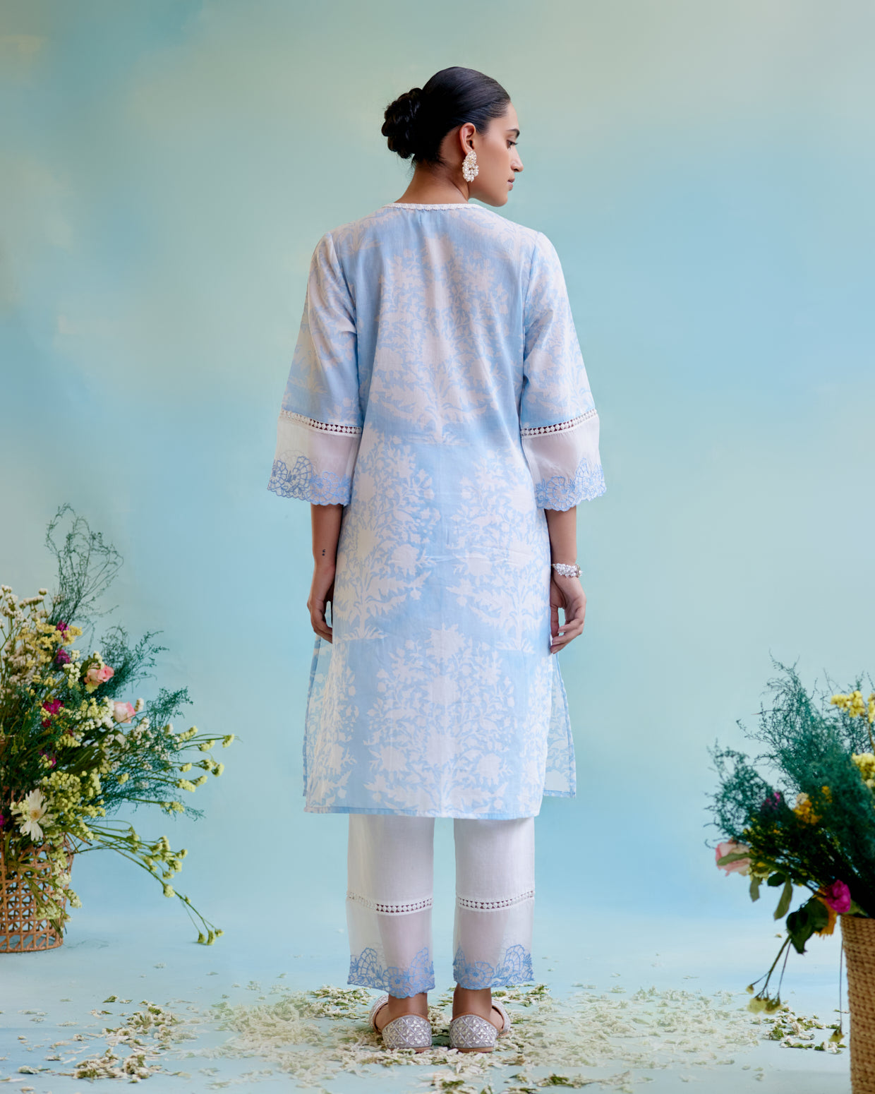 Blue Lily Hand Block Kurta with Lace Detailing and Embroidered Sleeves