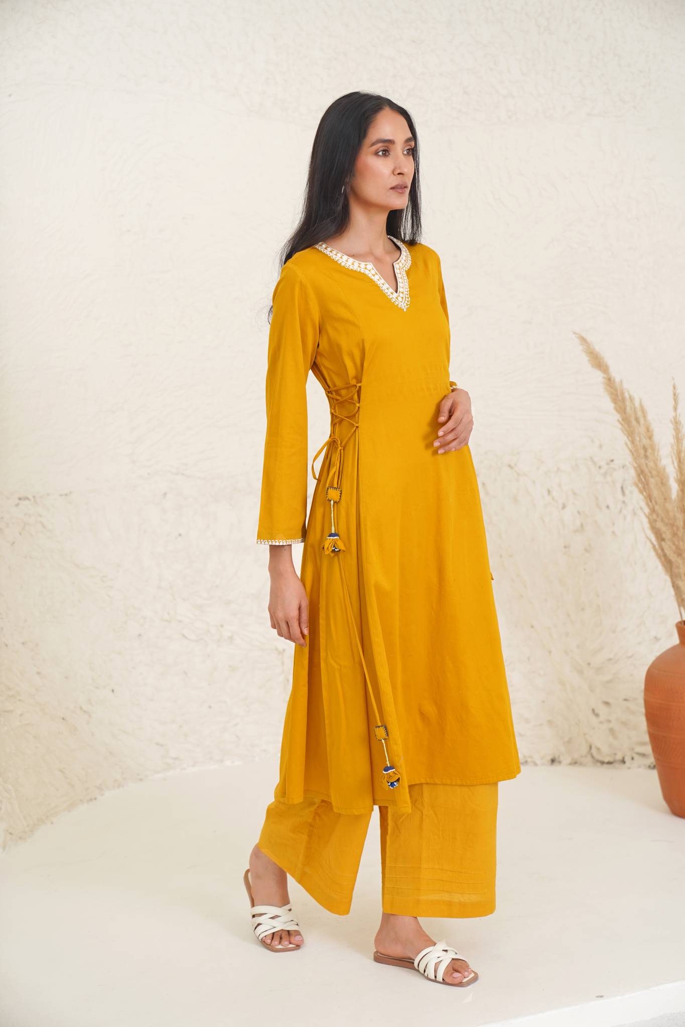 Gold Cashmere Kurta with Wide Leg Pants & Dupatta - Set of 3