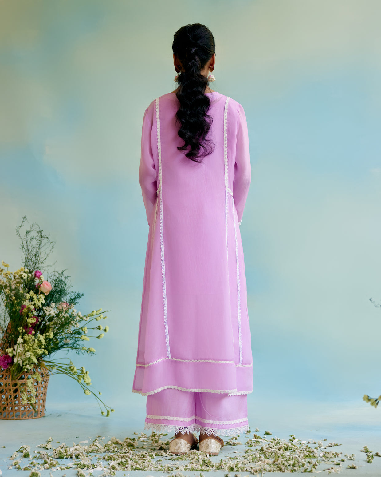 Lilac Glory Organza Anarkali with Silky Modal Wide Leg Pants