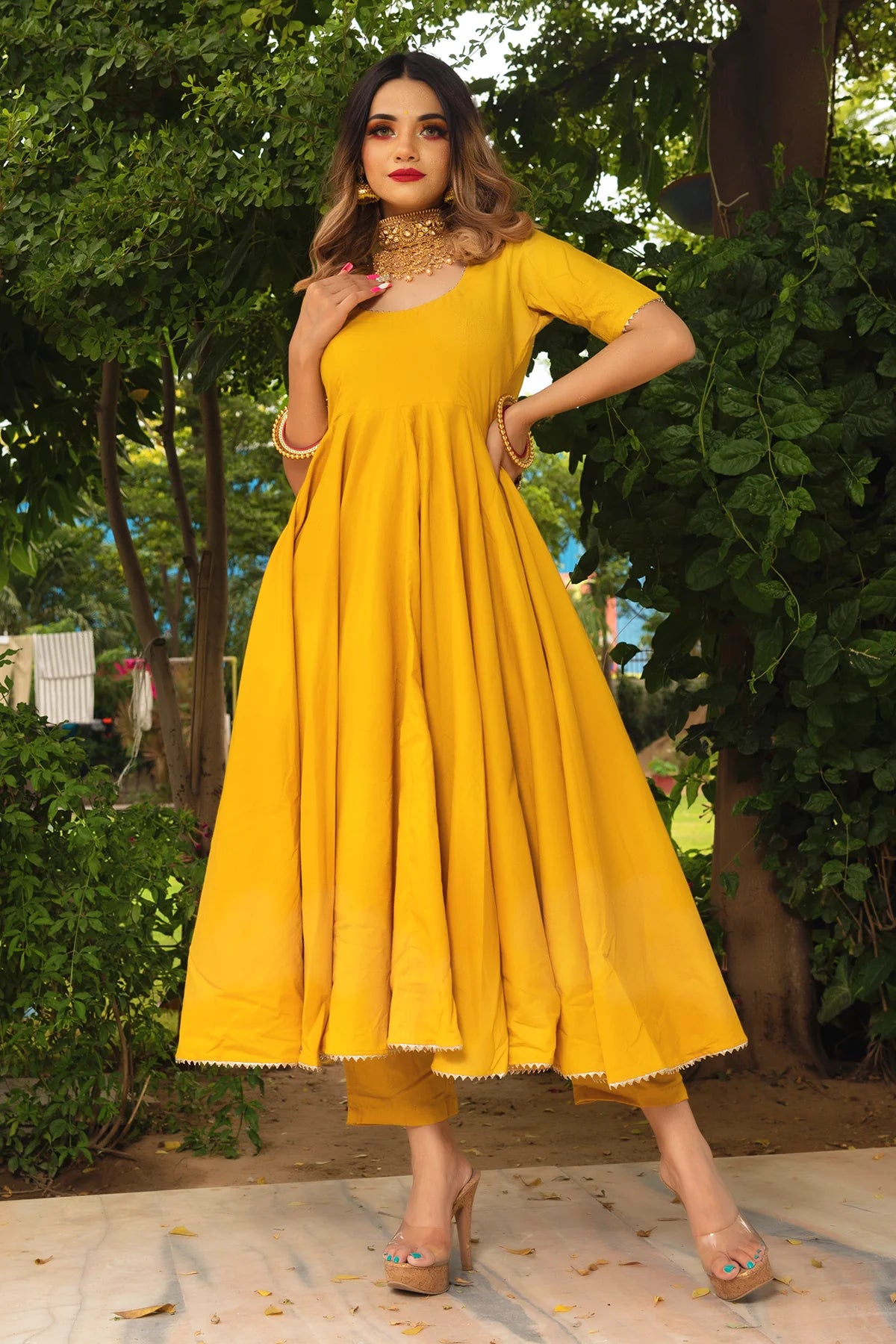 ROSEMARRY YELLOW COTTON ANARKALI SET