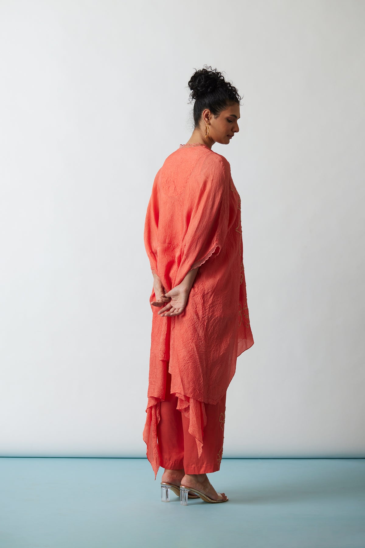 Coral Crushed silk Kaftan set