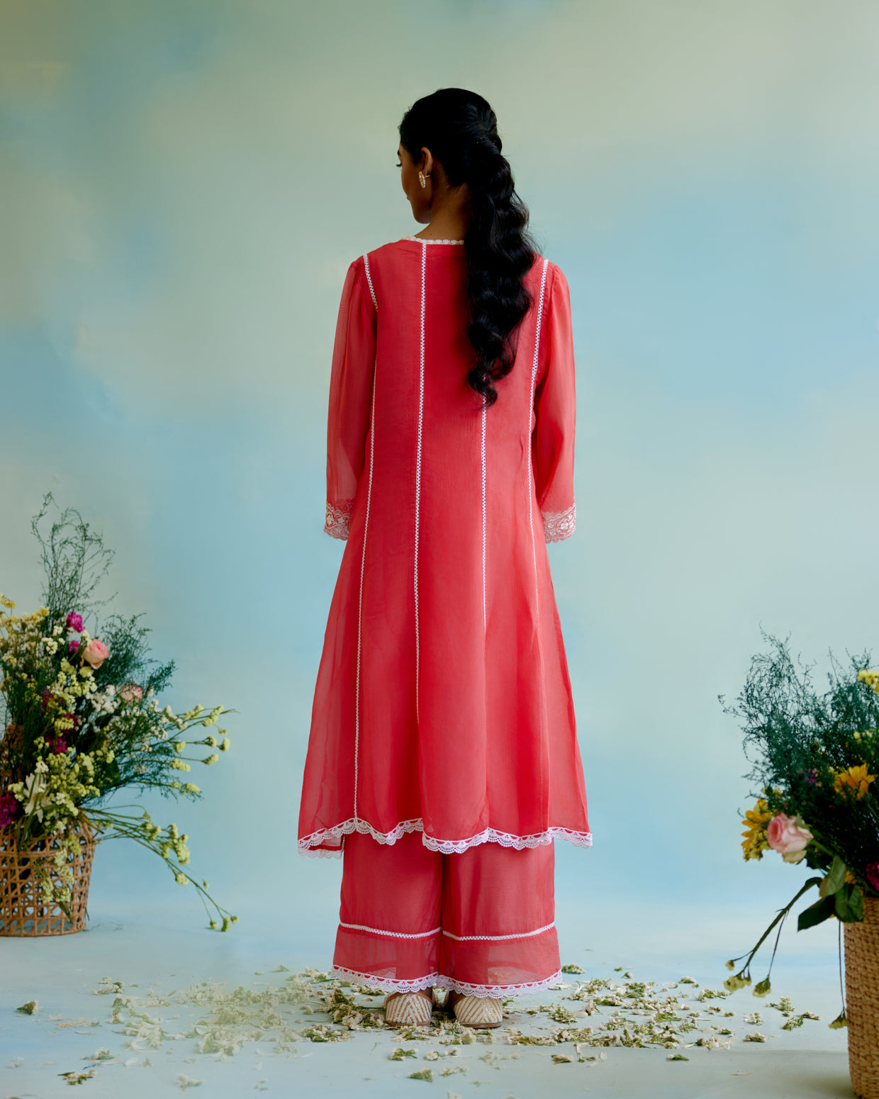 Coral Rose Organza Anarkali Kurta with Lace Detailing and Floral Embroidery