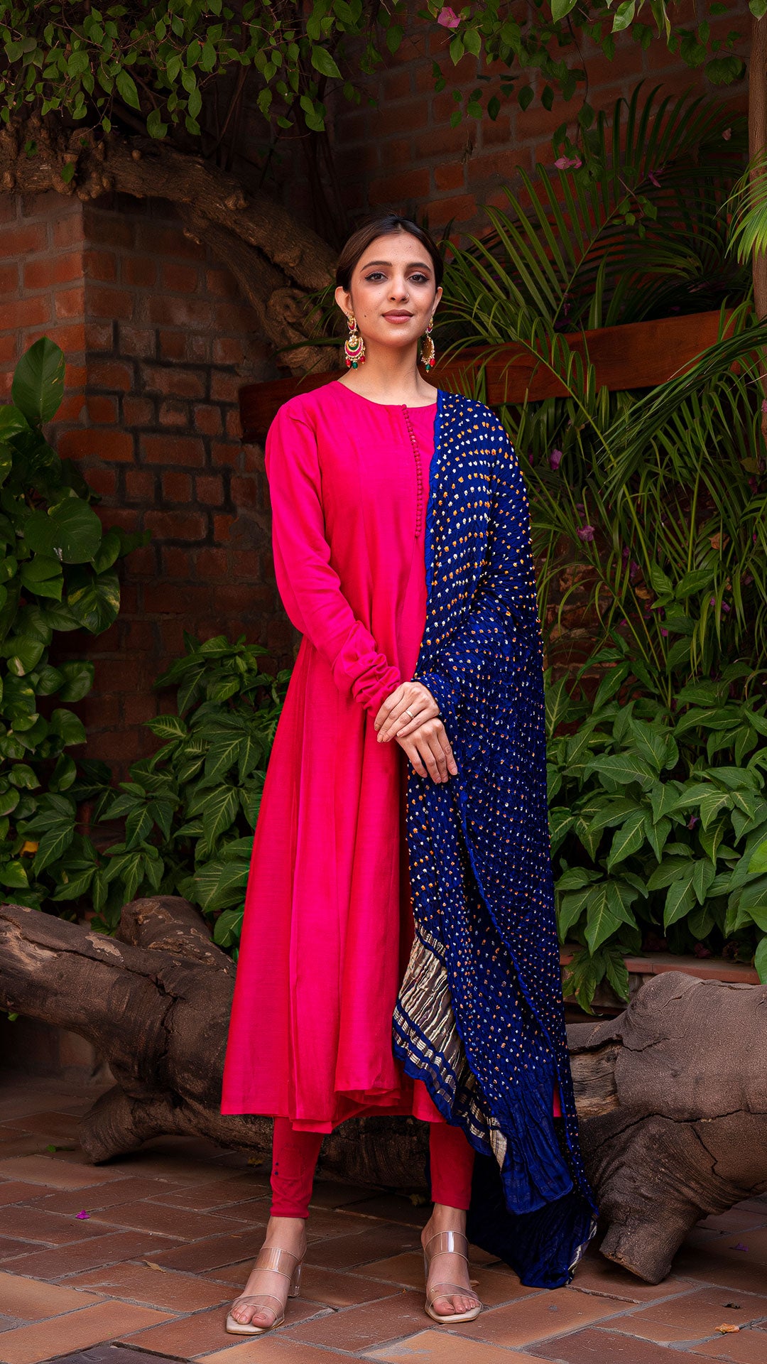 MAAHI CHANDERI SILK ANARKALI KURTA IN RANI PINK