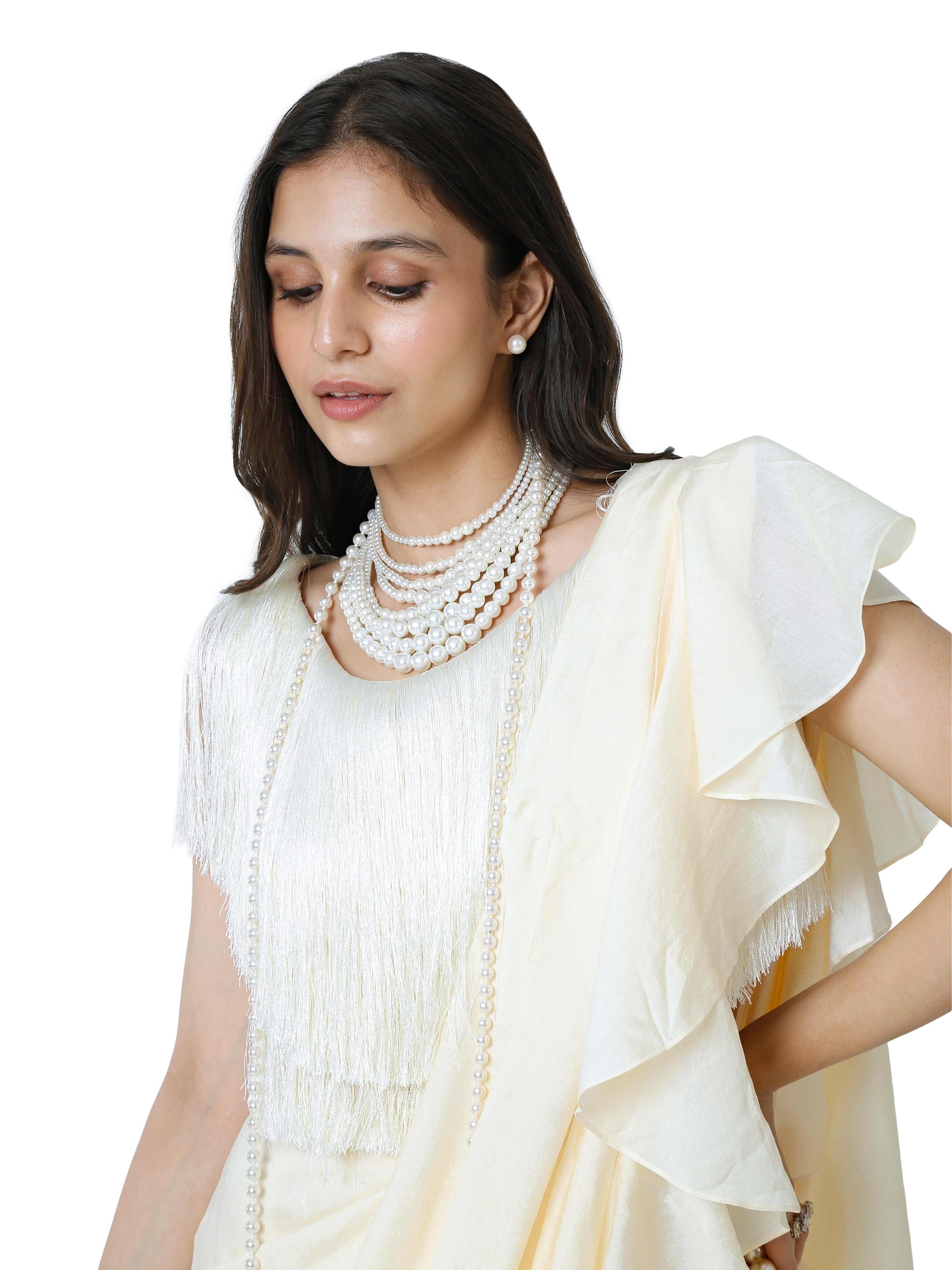 Off White Fringe Blouse and Skirt Saree