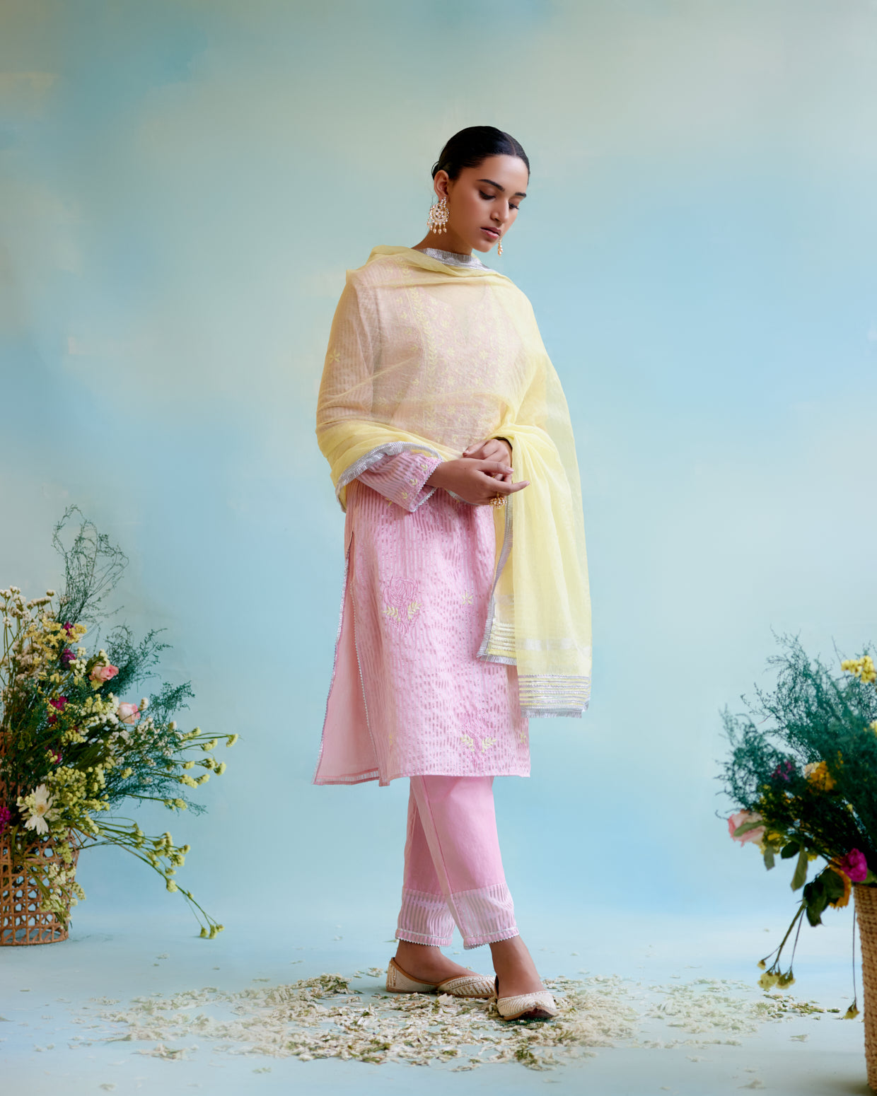 Pink Rose Crushed Stripe Tissue Kurta with Floral Embroidery and Bead Work