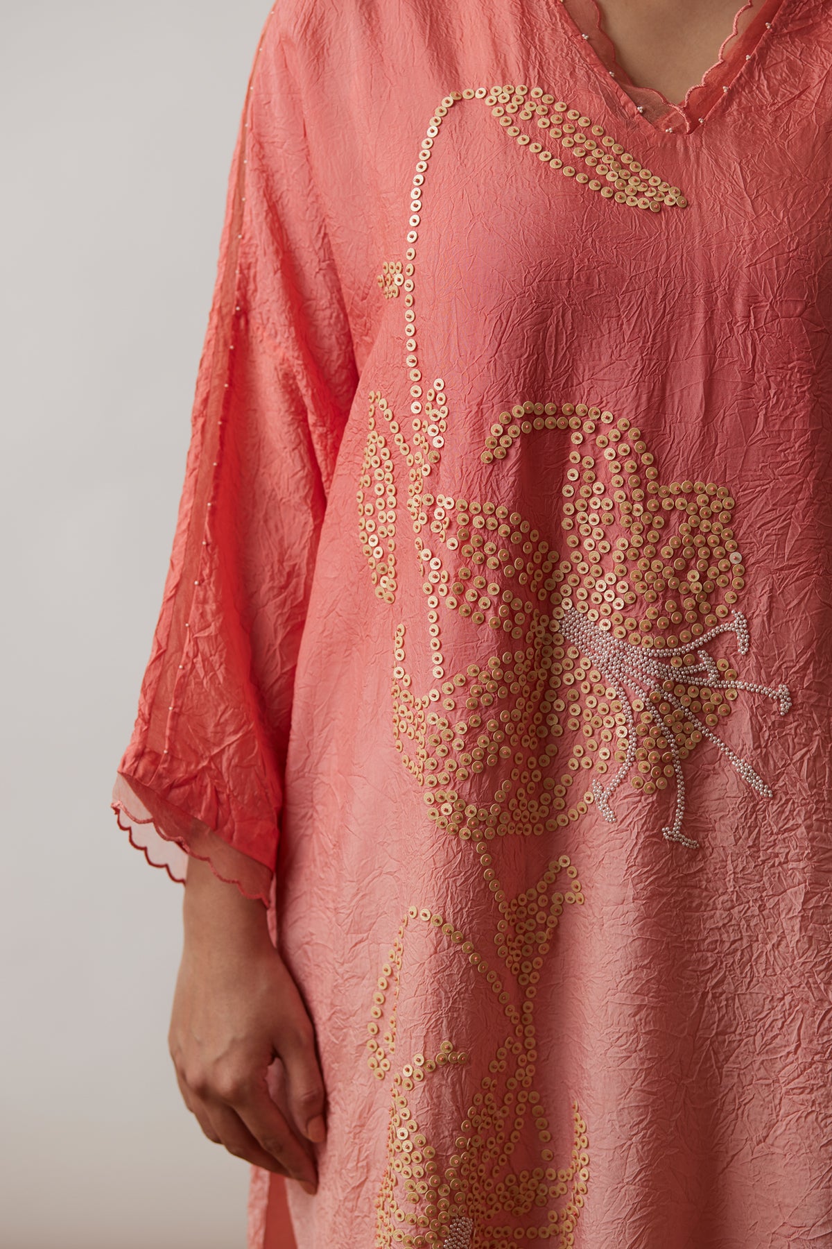 Coral Crushed silk Kaftan set