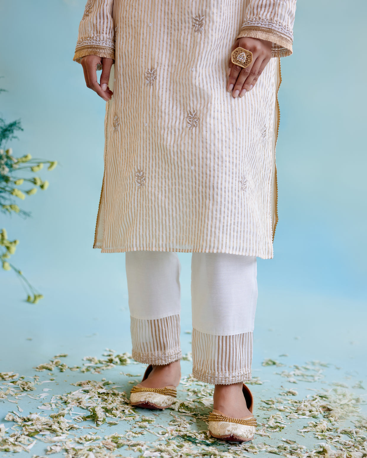 Gold Zari Crushed Stripe Tissue Kurta with Floral Embroidery and Bead Work