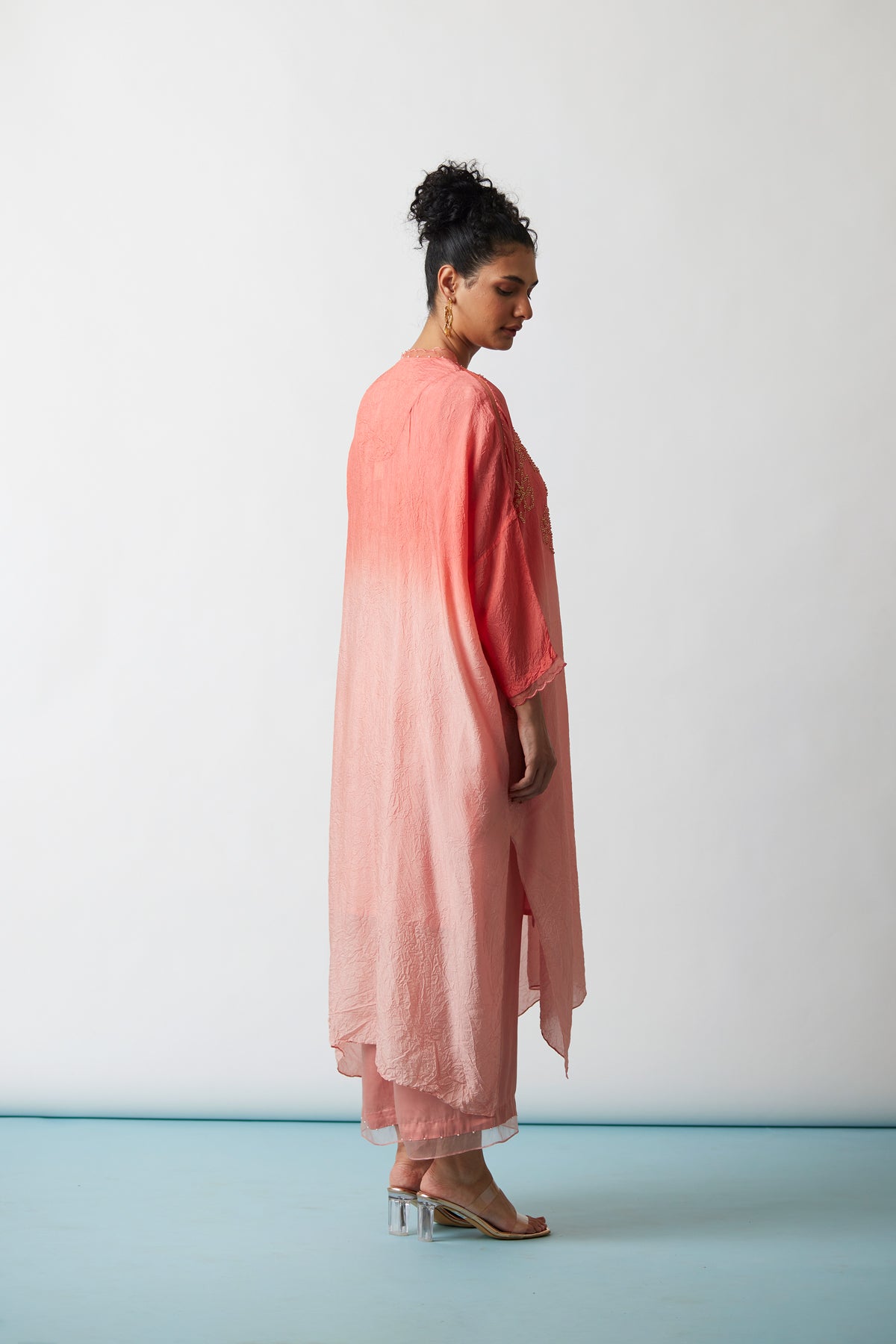 Coral Ombre Crushed silk Kaftan set