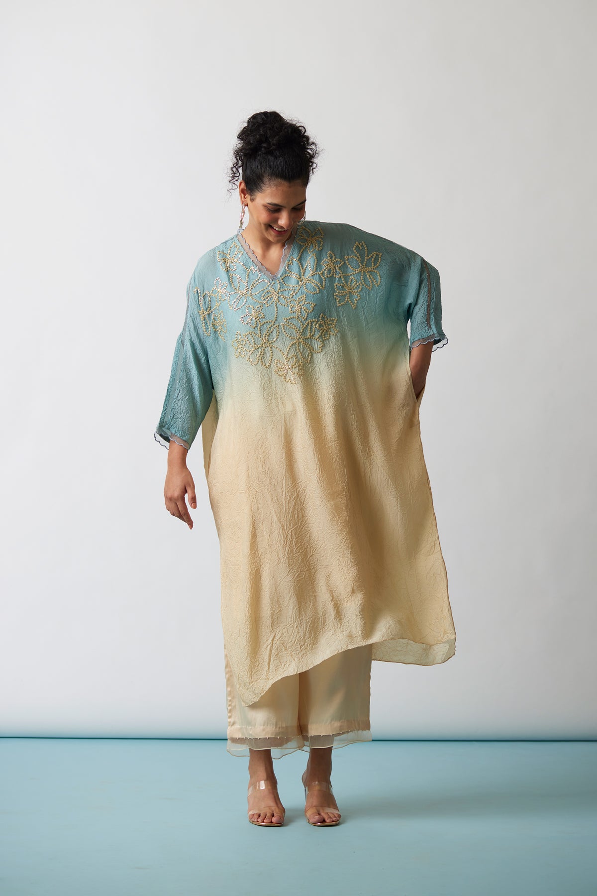 Cloud Blue Ombre Crushed silk Kaftan set