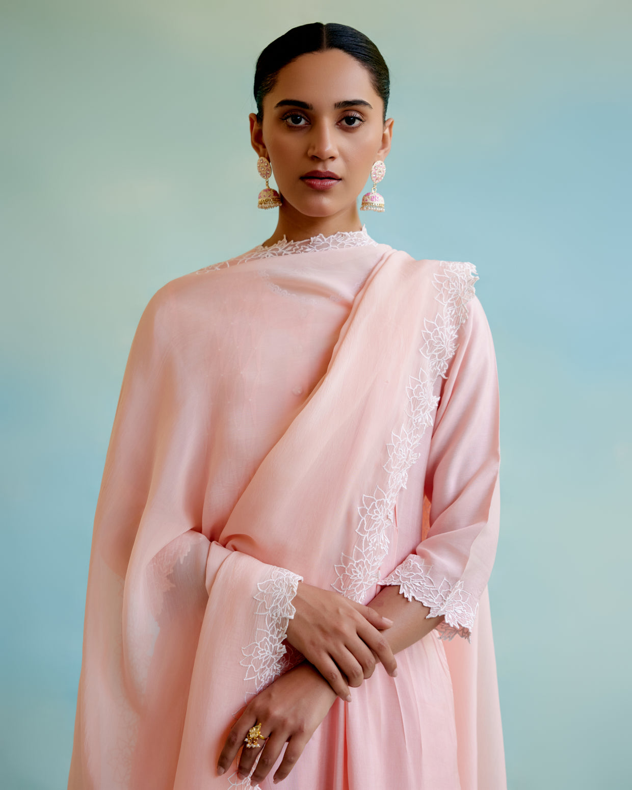 Blossom Pearl Kurta in Silky Modal with Beaded Smocking and Delicate Lace Detaling