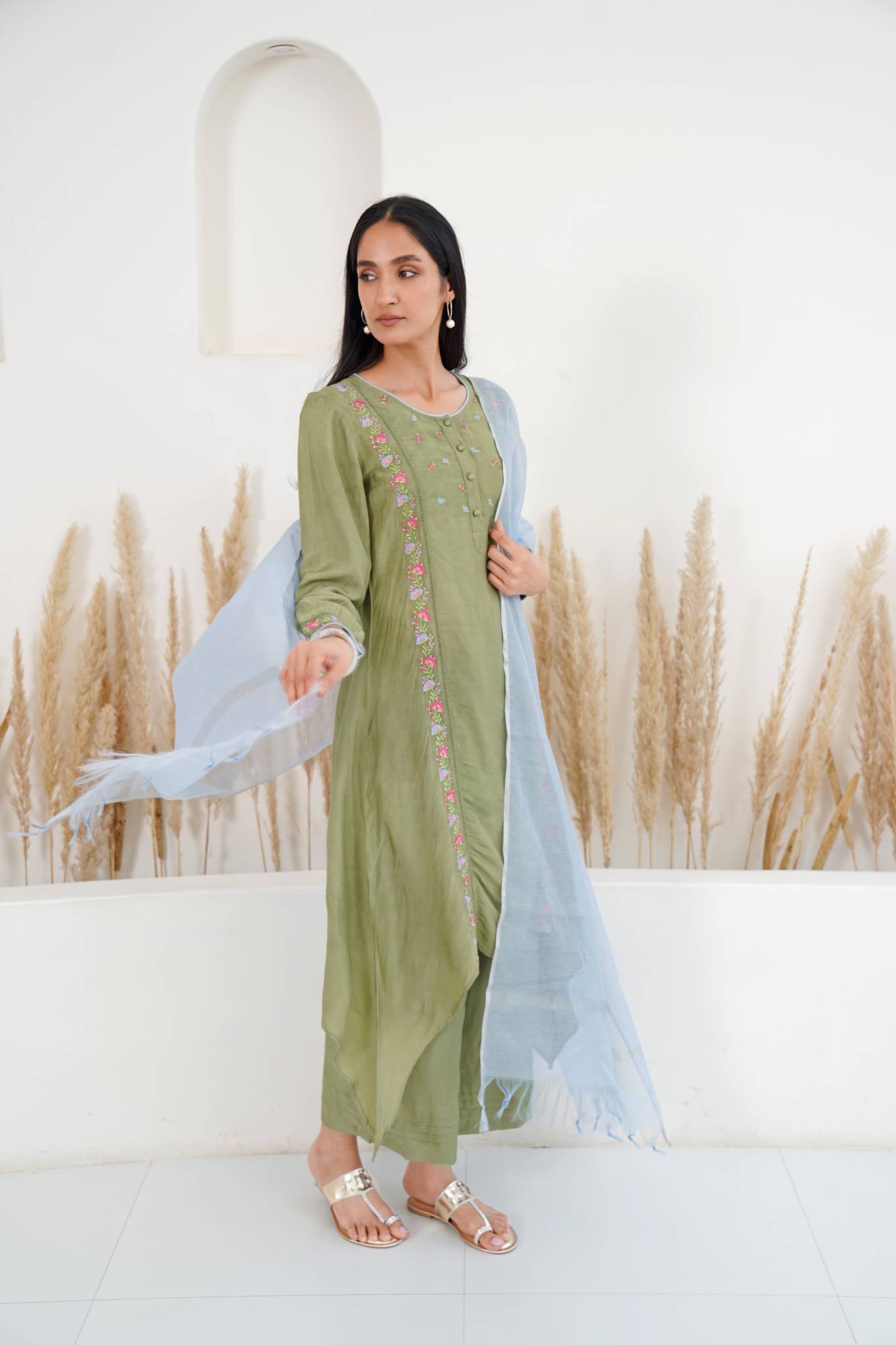 Moss Tone Kurta with Wide Leg Pants- Set of 2