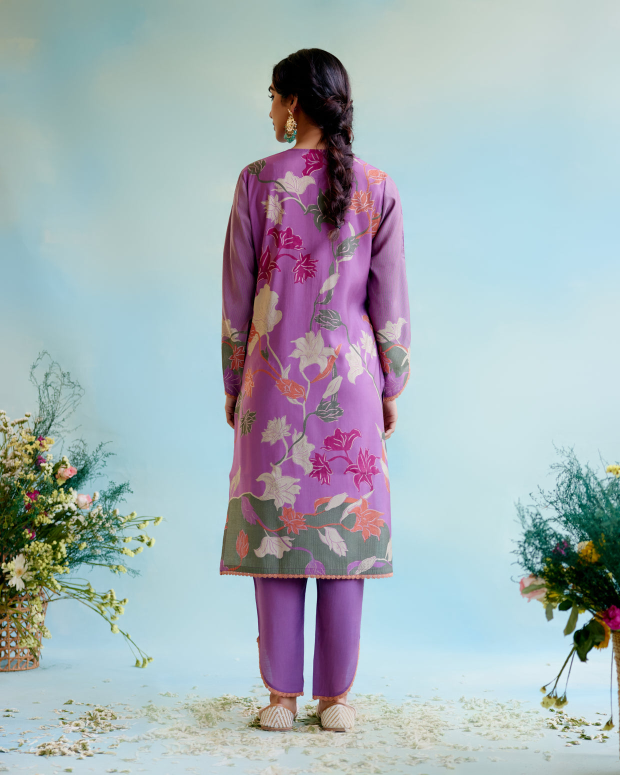 Violet Vale Printer Kurta with delicate lace detailing with Tulip Pants and Dupatta