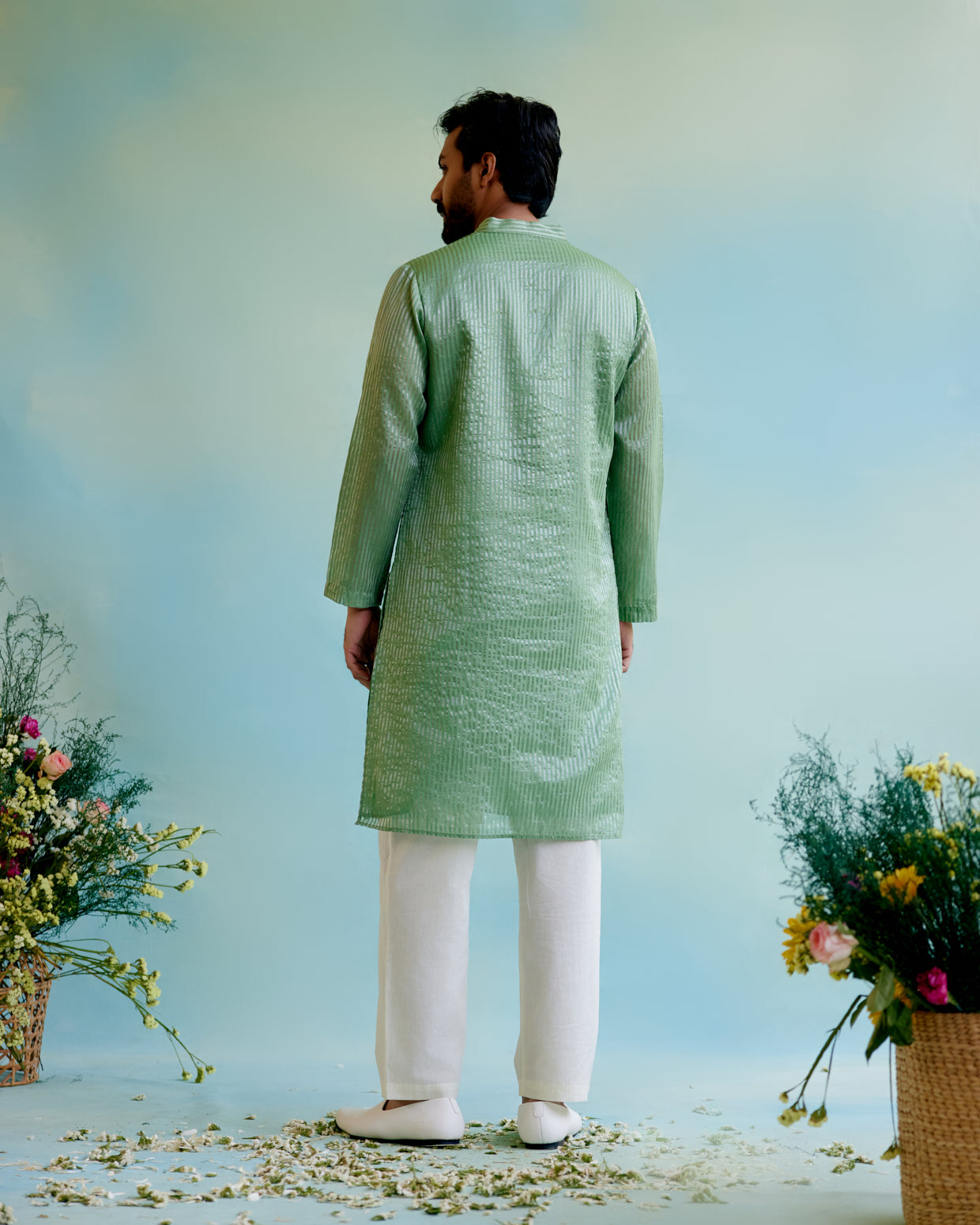 Mint Meadow Crushed Stripe Tissue Kurta with Pure Cotton Narrow Pants