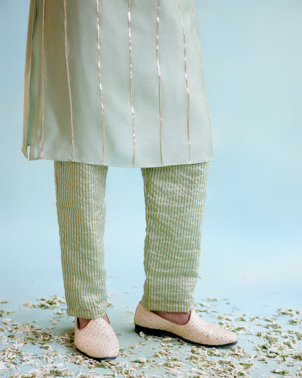 Sage Green Chanderi Gota Kurta with Crushed Stripe Tissue Narrow Pants