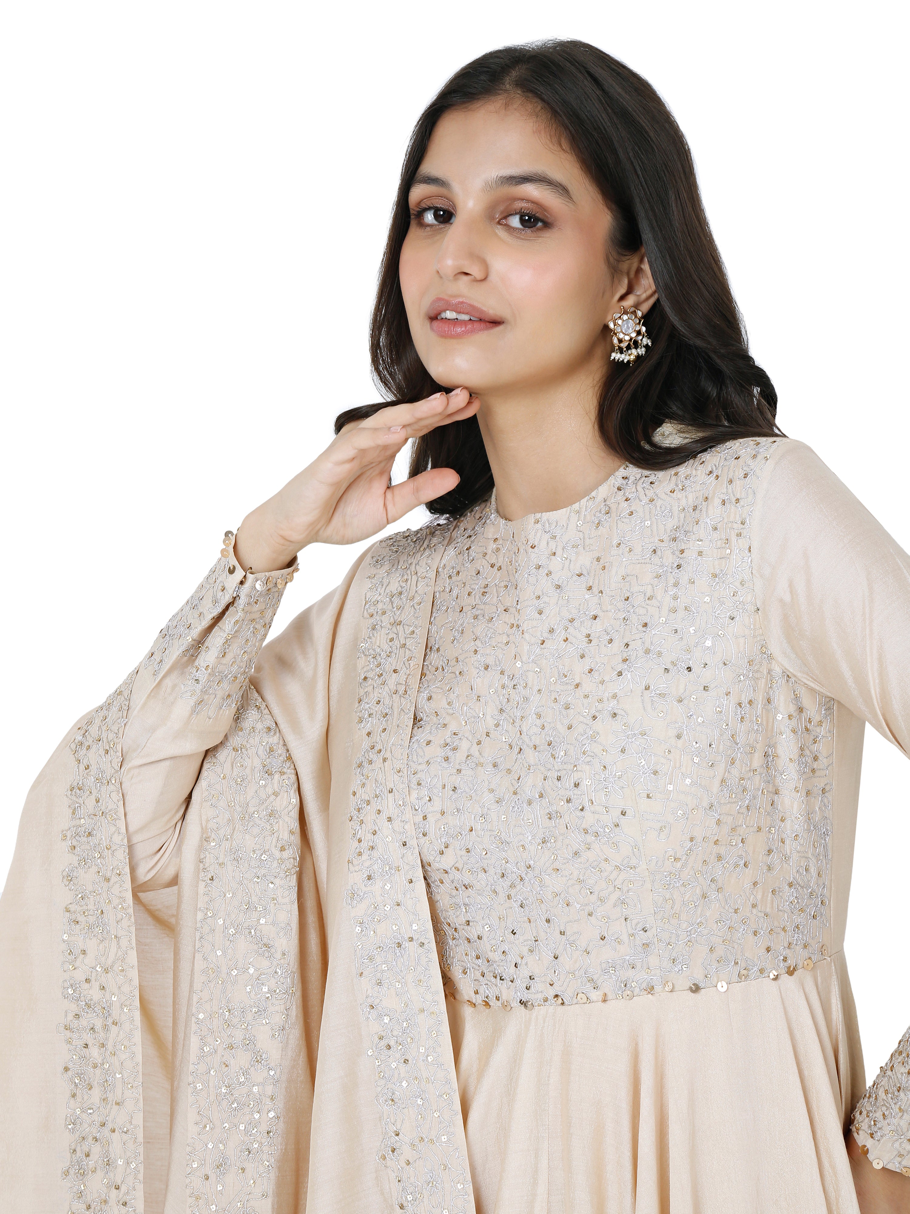 Beige Back cut Anarkali with Dupatta