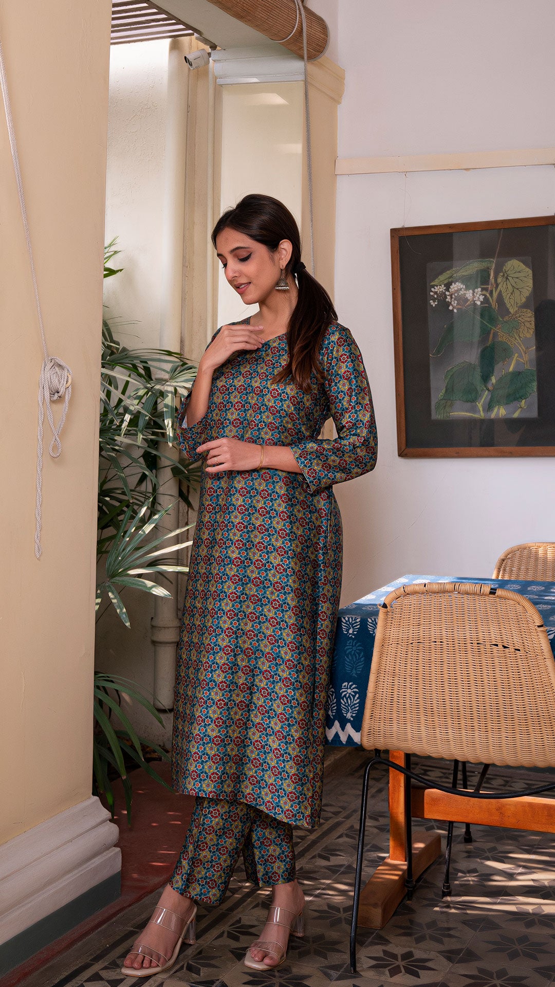 BARKHA SILK STRAIGHT KURTA + PANTS IN MULTI COLOUR AJRAKH PRINT