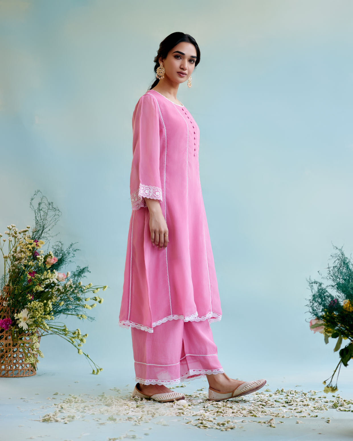 Blush Pink Organza Anarkali Kurta with Lace Detailing and Floral Embroidery