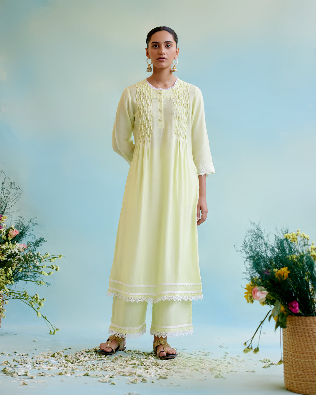 Sunny Lime Pearl Kurta in Silky Modal with Delicate Lace Detaling