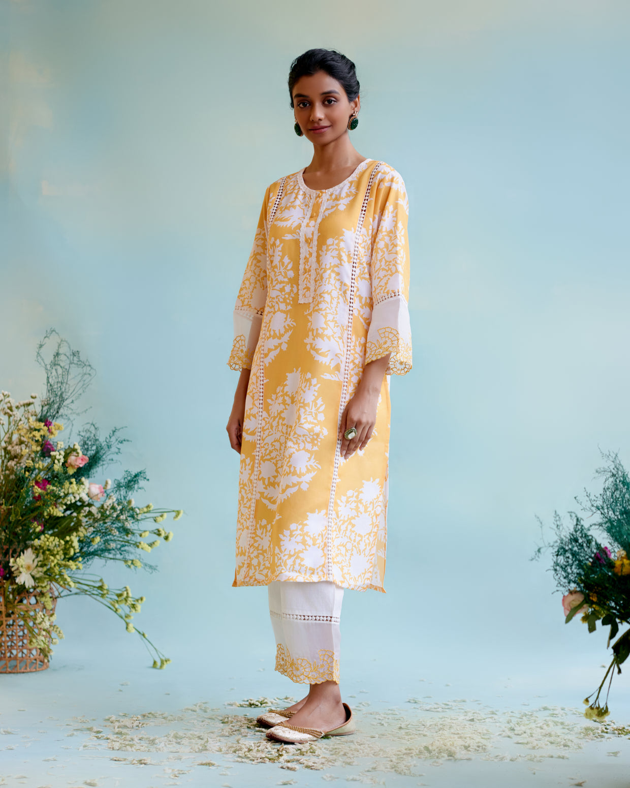 Daisy Yellow Cotton Linen Kurta with Lace Detailing and Embroidered Sleeves