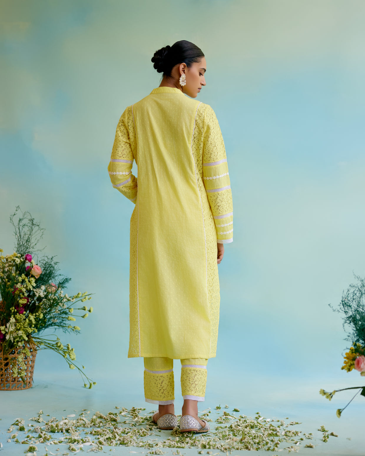 Daylily Kurta in Cotton Dobby and Schiffli fabric with Delicate Lace Detaling with Narrow Pants