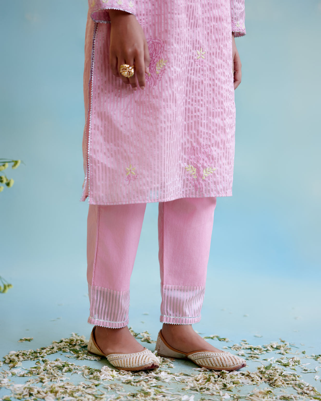 Pink Rose Crushed Stripe Tissue Kurta with Narrow Pants