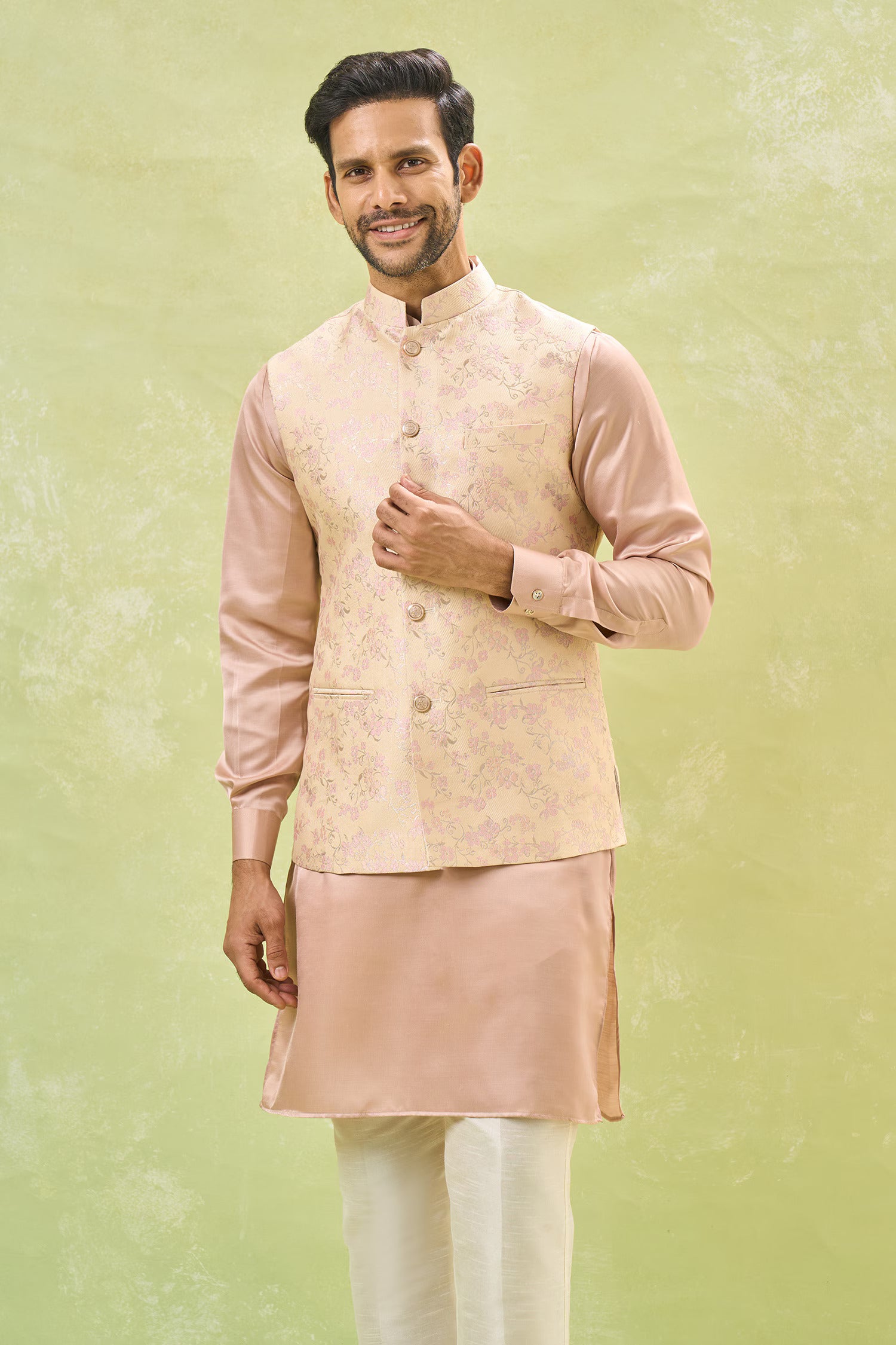 Pink Brocade Kurta-Jacket Set