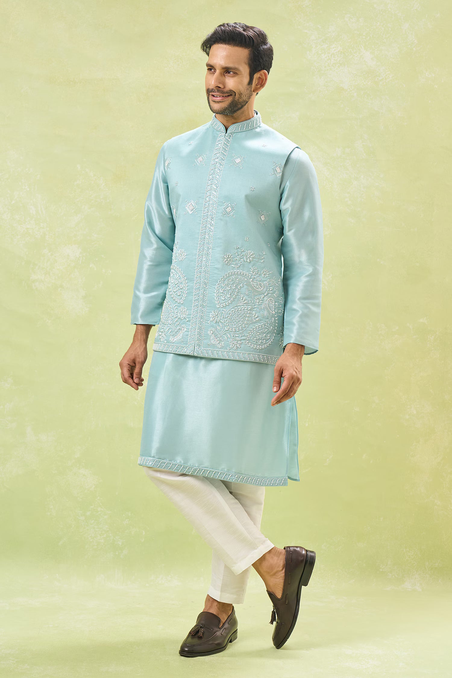 Powder Blue Embroidered Kurta-Jacket Set
