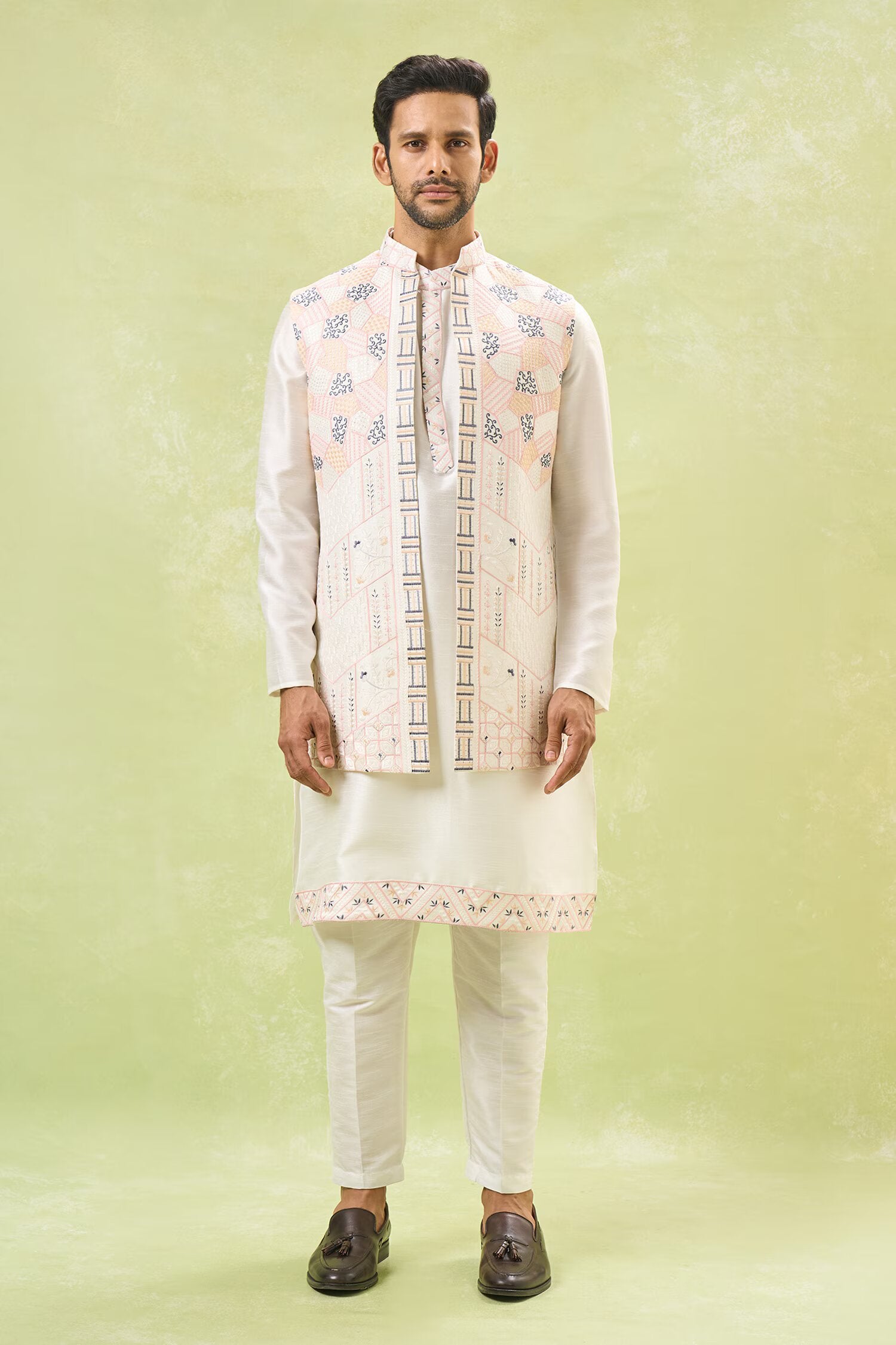 Off White Embroidered Kurta-Jacket Set