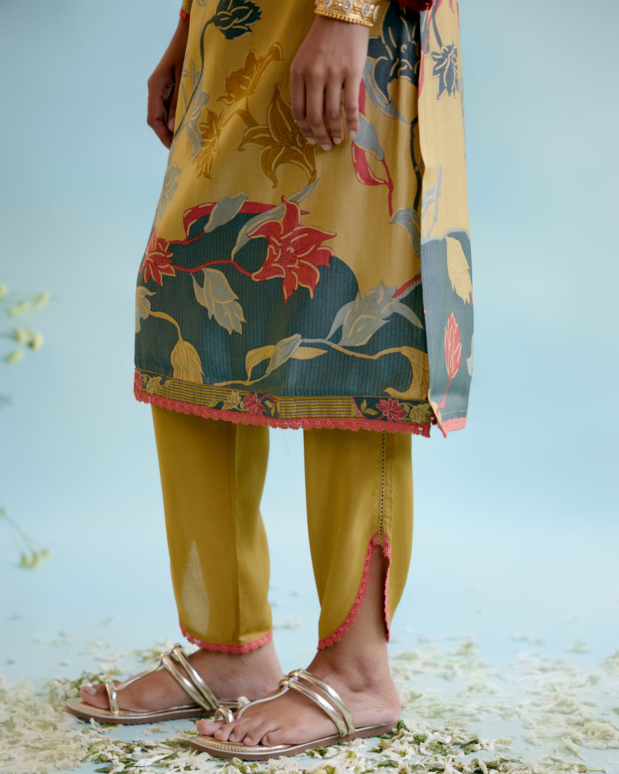 Rural Green Printer Kurta with delicate lace detailing with Tulip Pants and Dupatta