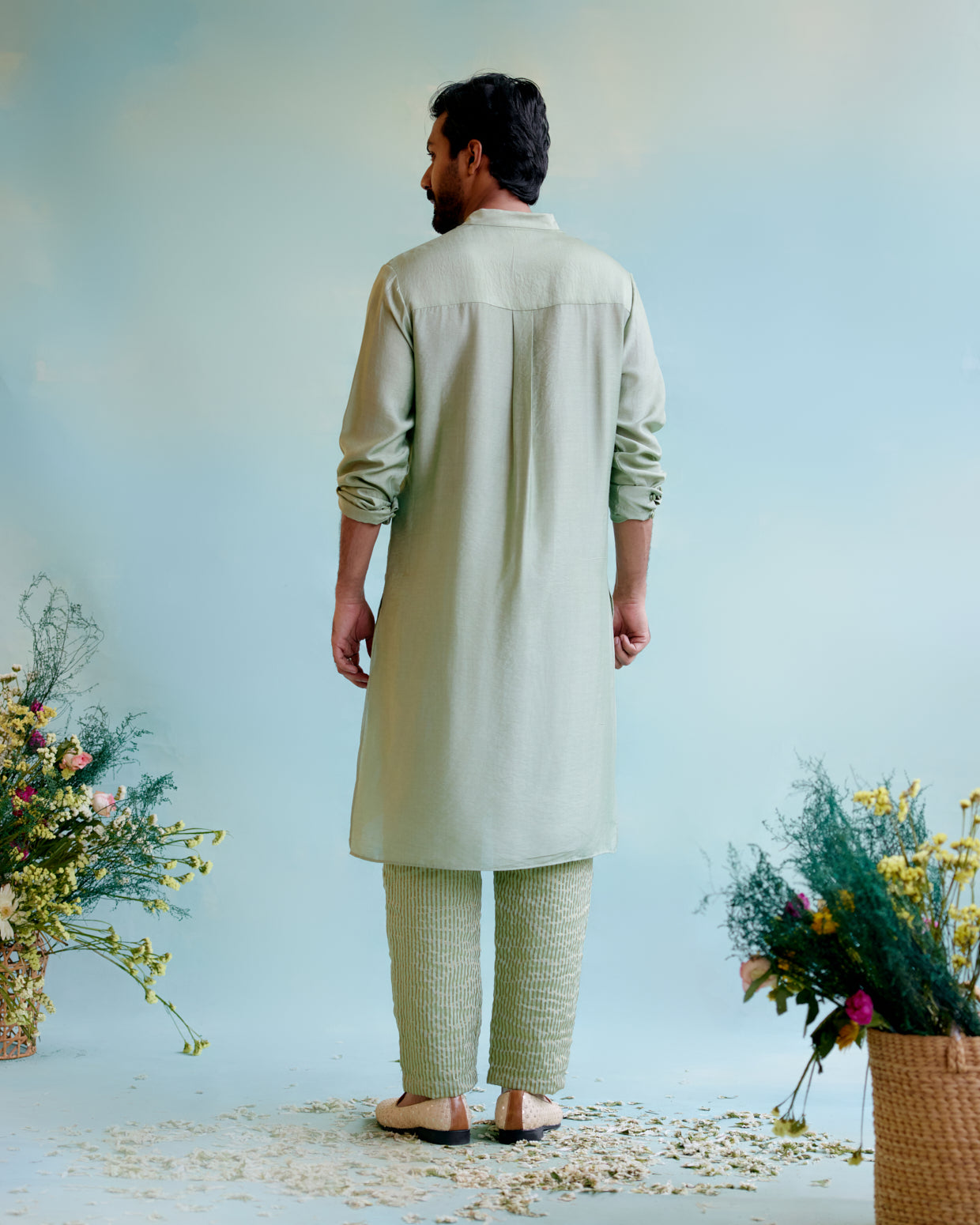 Sage Green Chanderi Gota Kurta with Crushed Stripe Tissue Narrow Pants