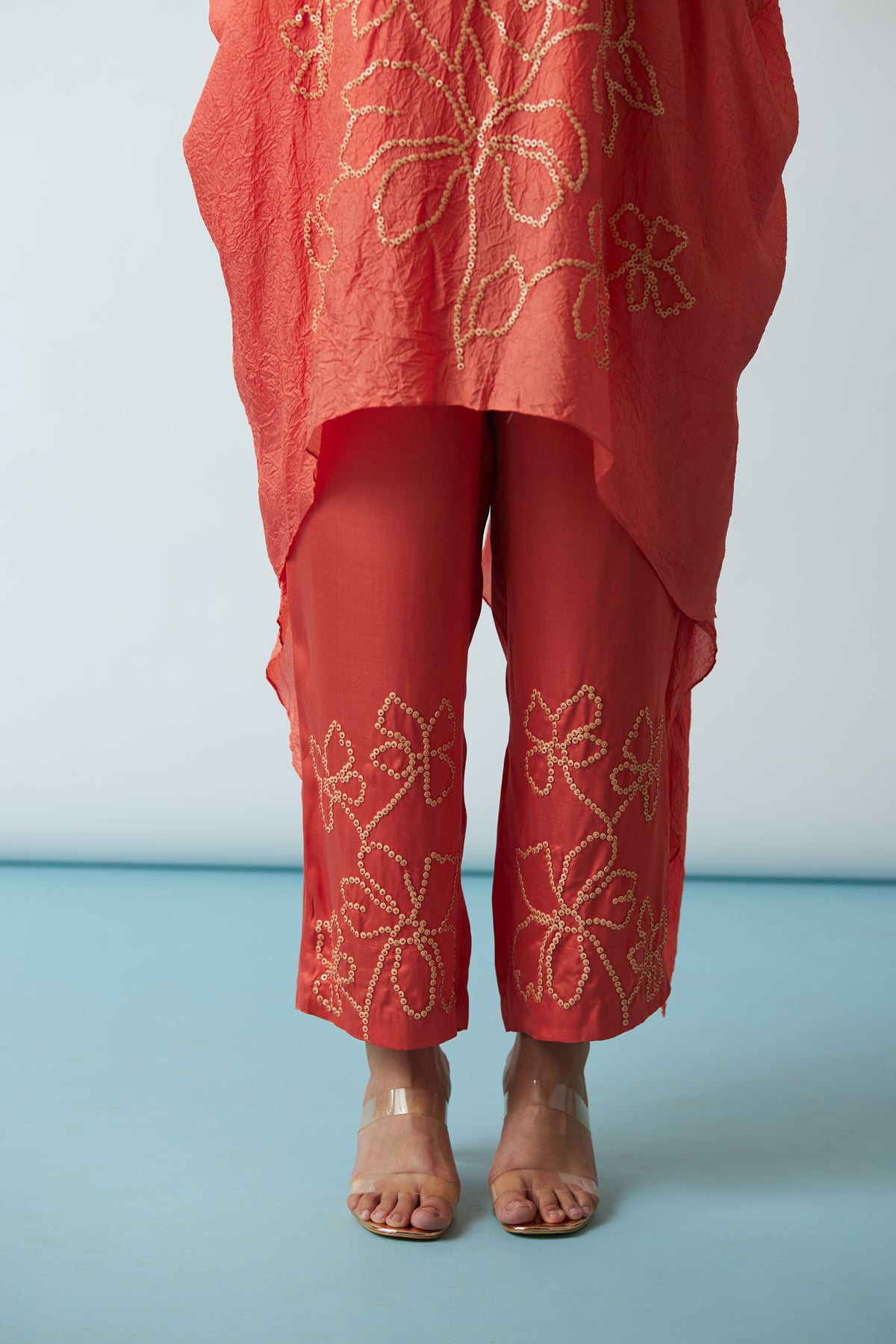 Coral Crushed silk Kaftan set