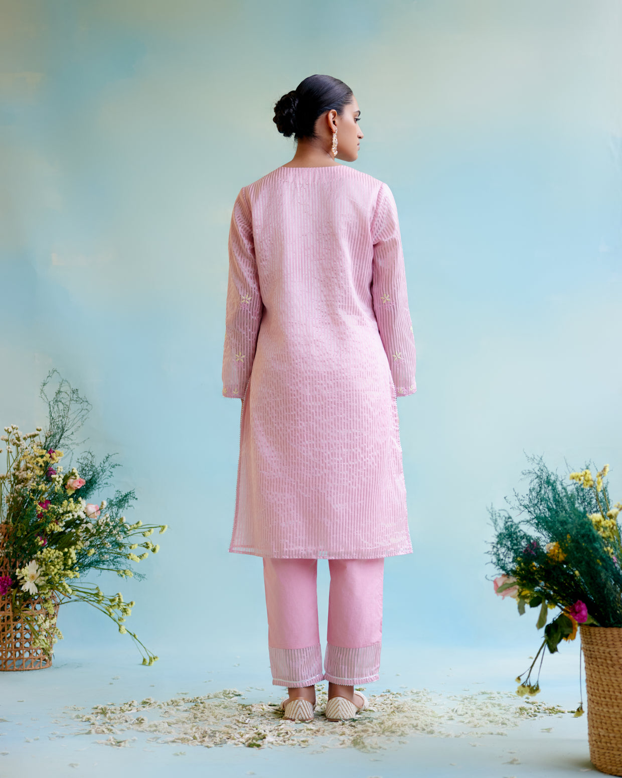 Pink Rose Crushed Stripe Tissue Kurta with Narrow Pants