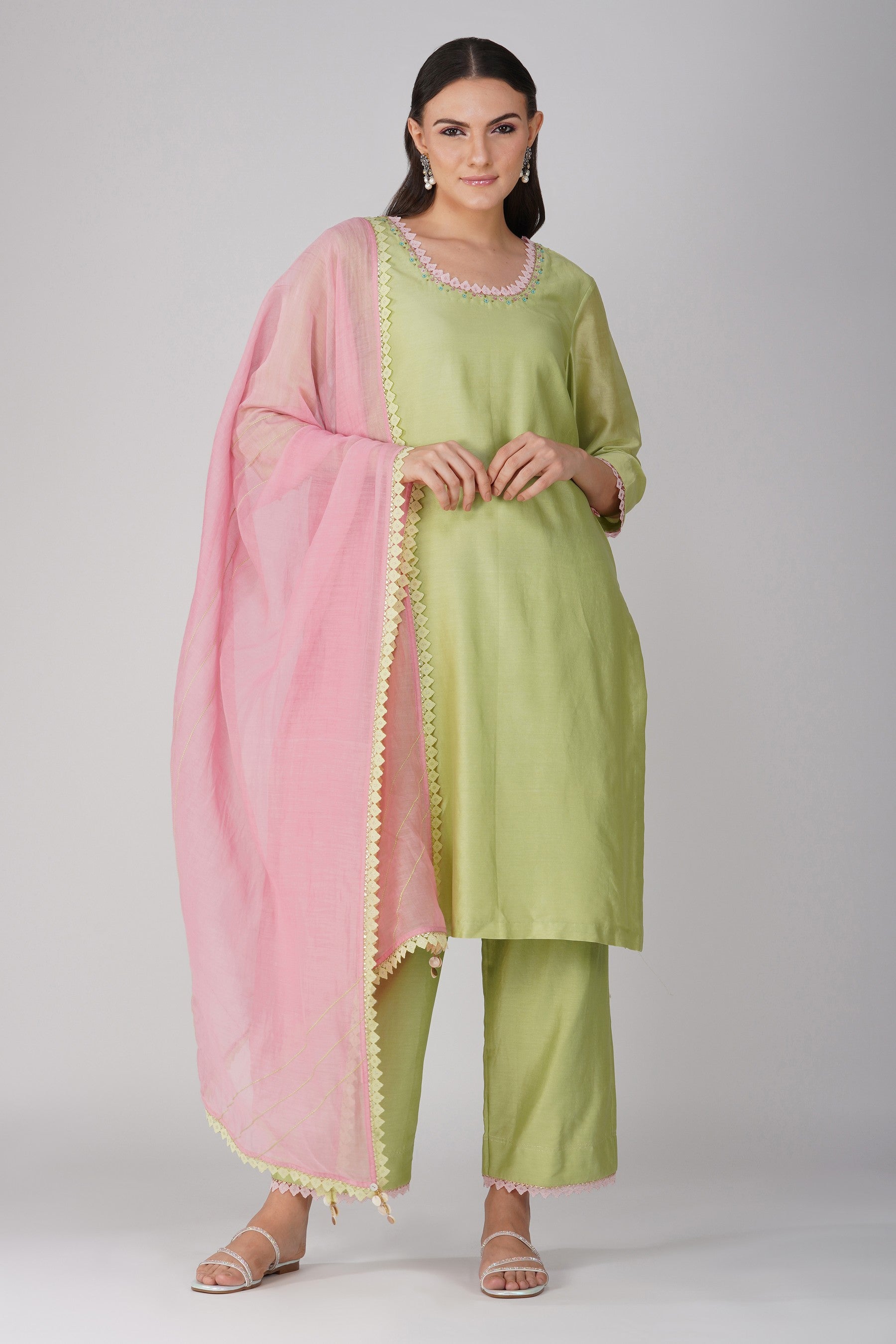 Small flower Green-Pink Kurta Set