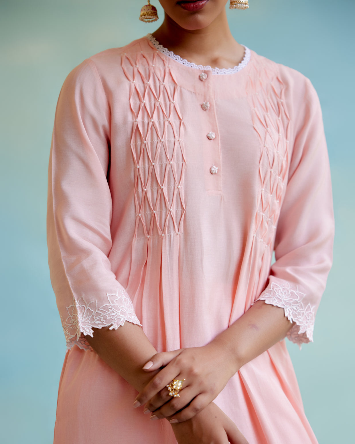 Blossom Pearl Kurta in Silky Modal with Beaded Smocking and Delicate Lace Detaling