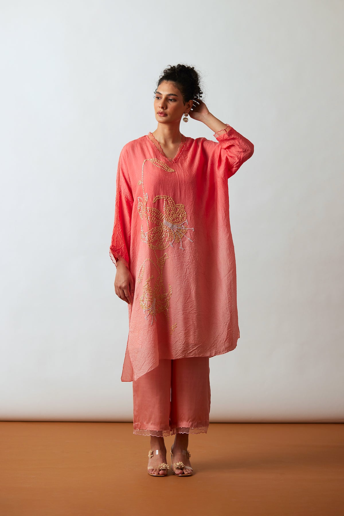 Coral Crushed silk Kaftan set