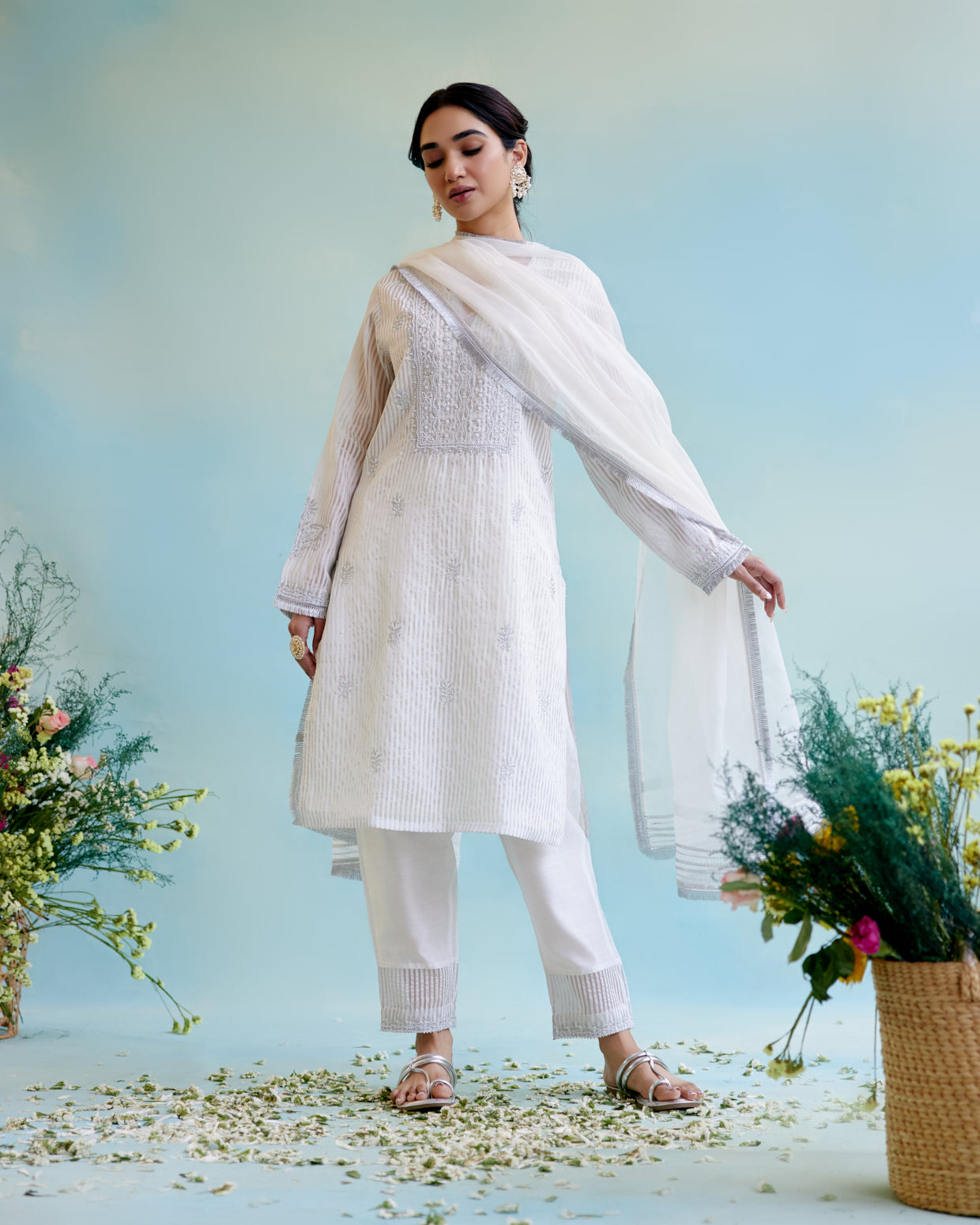 Silver Zari Crushed Stripe Tissue Kurta with Narrow Pants