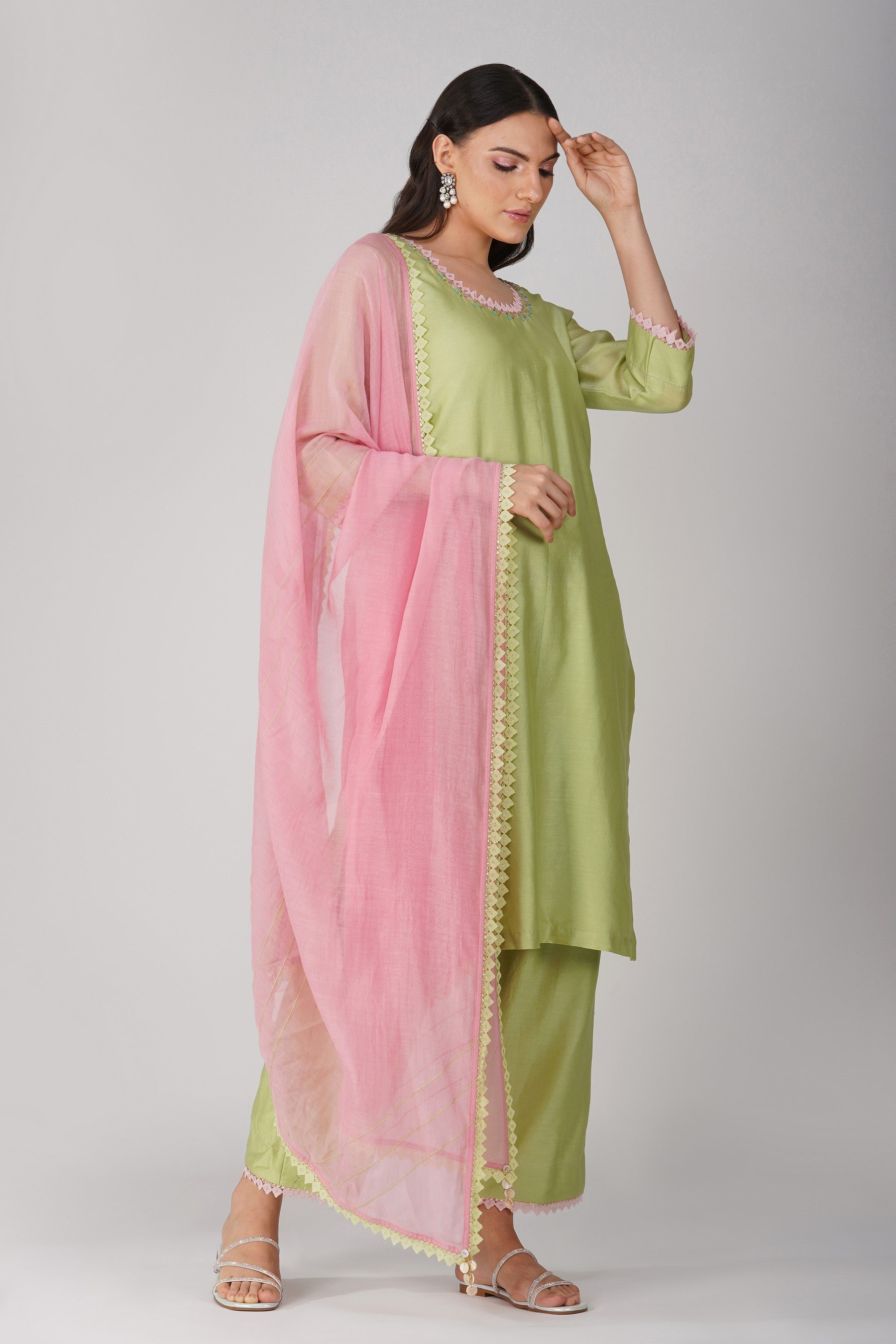 Small flower Green-Pink Kurta Set