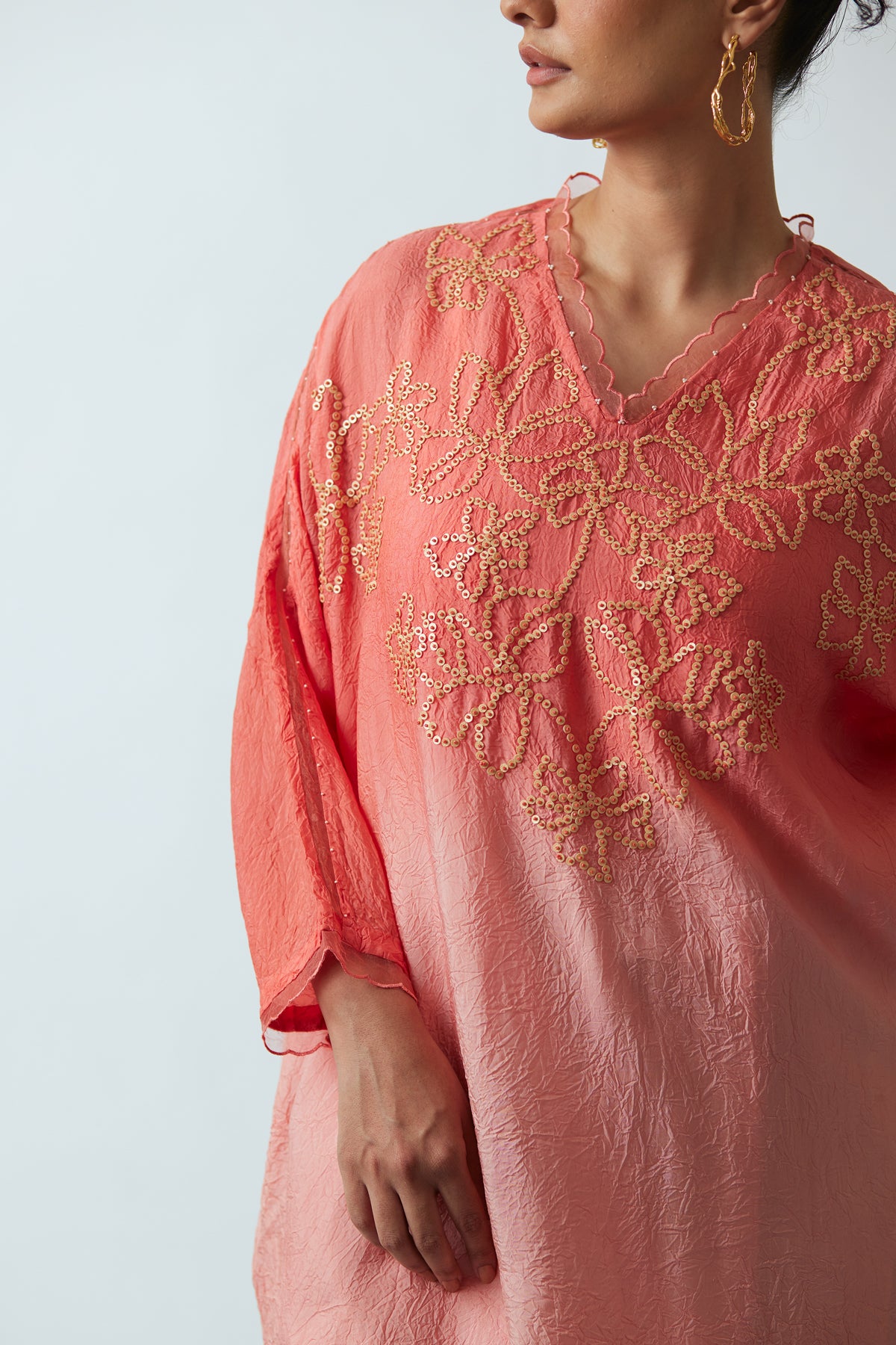 Coral Ombre Crushed silk Kaftan set