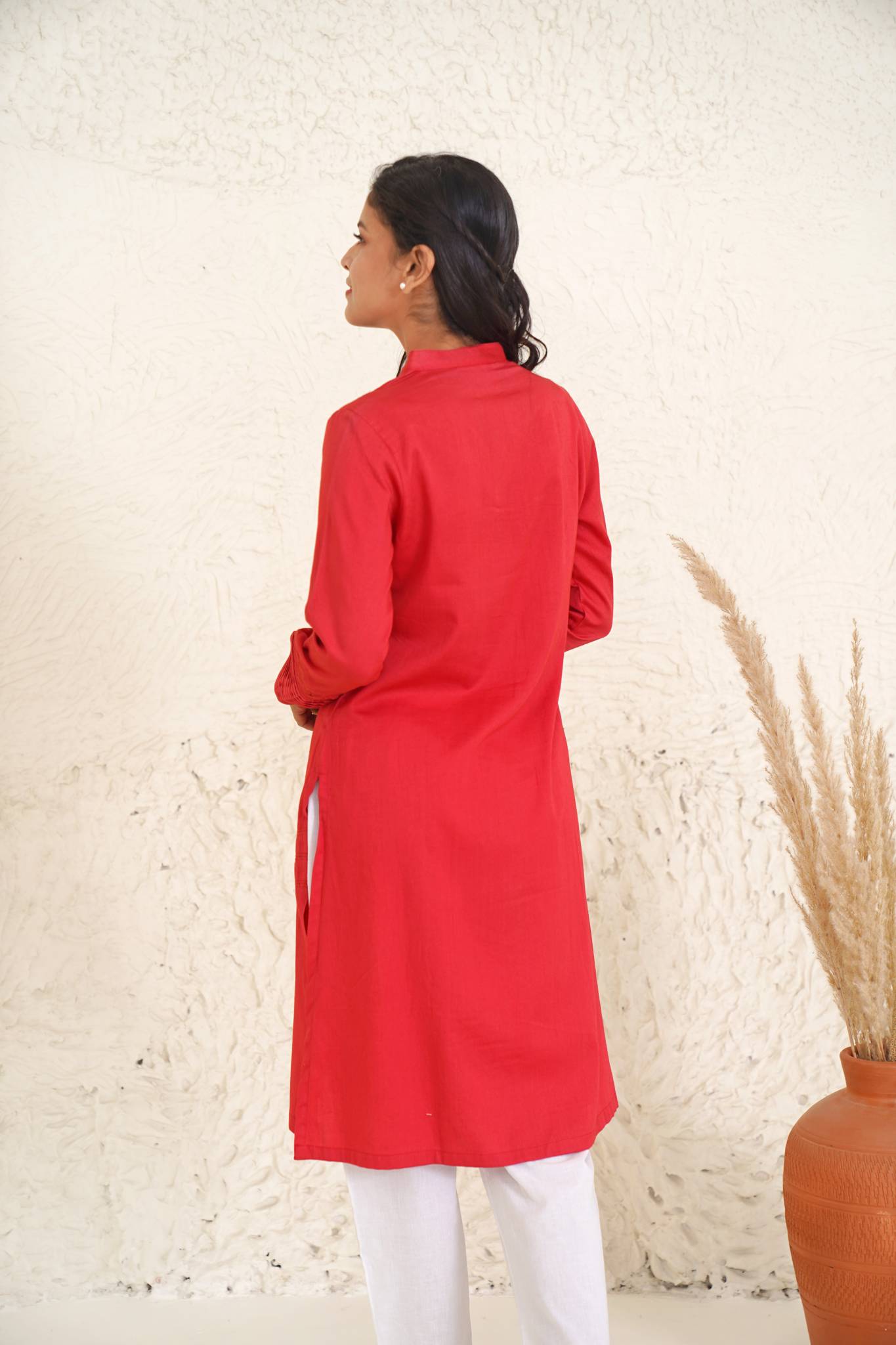 Poppy Red Kurta with Narrow Pants- Set of 2