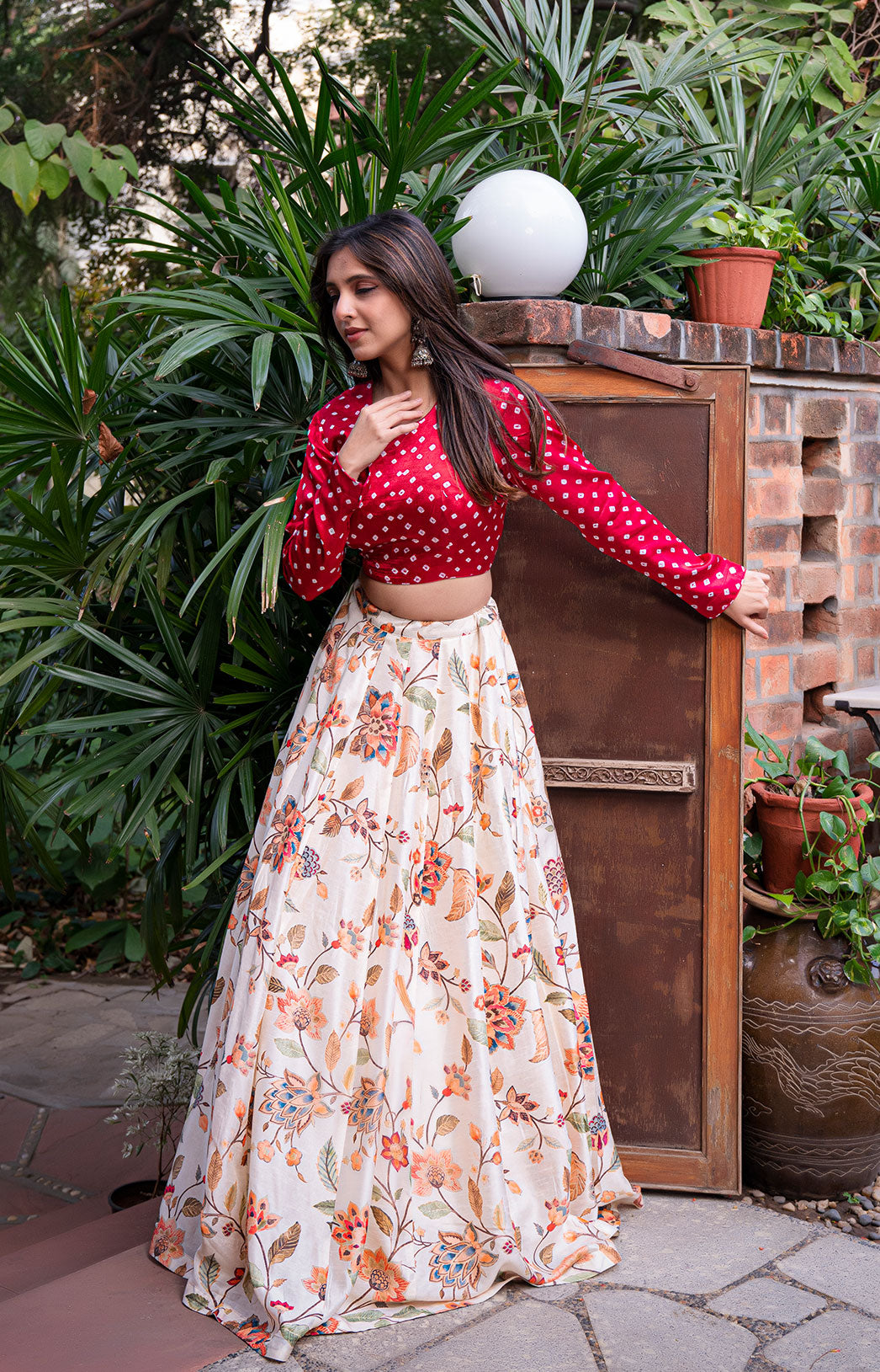 BIRDS OF PARADISE SILK LEHENGA - OFF WHITE WITH BANDHANI SILK BLOUSE