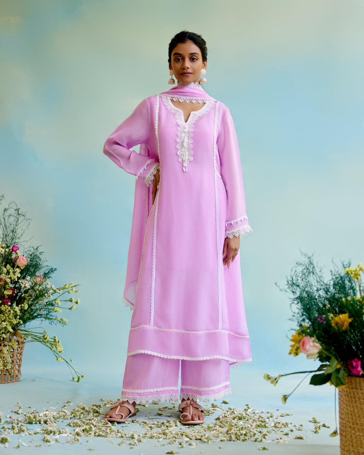 Lilac Glory Organza Anarkali with Silky Modal Wide Leg Pants