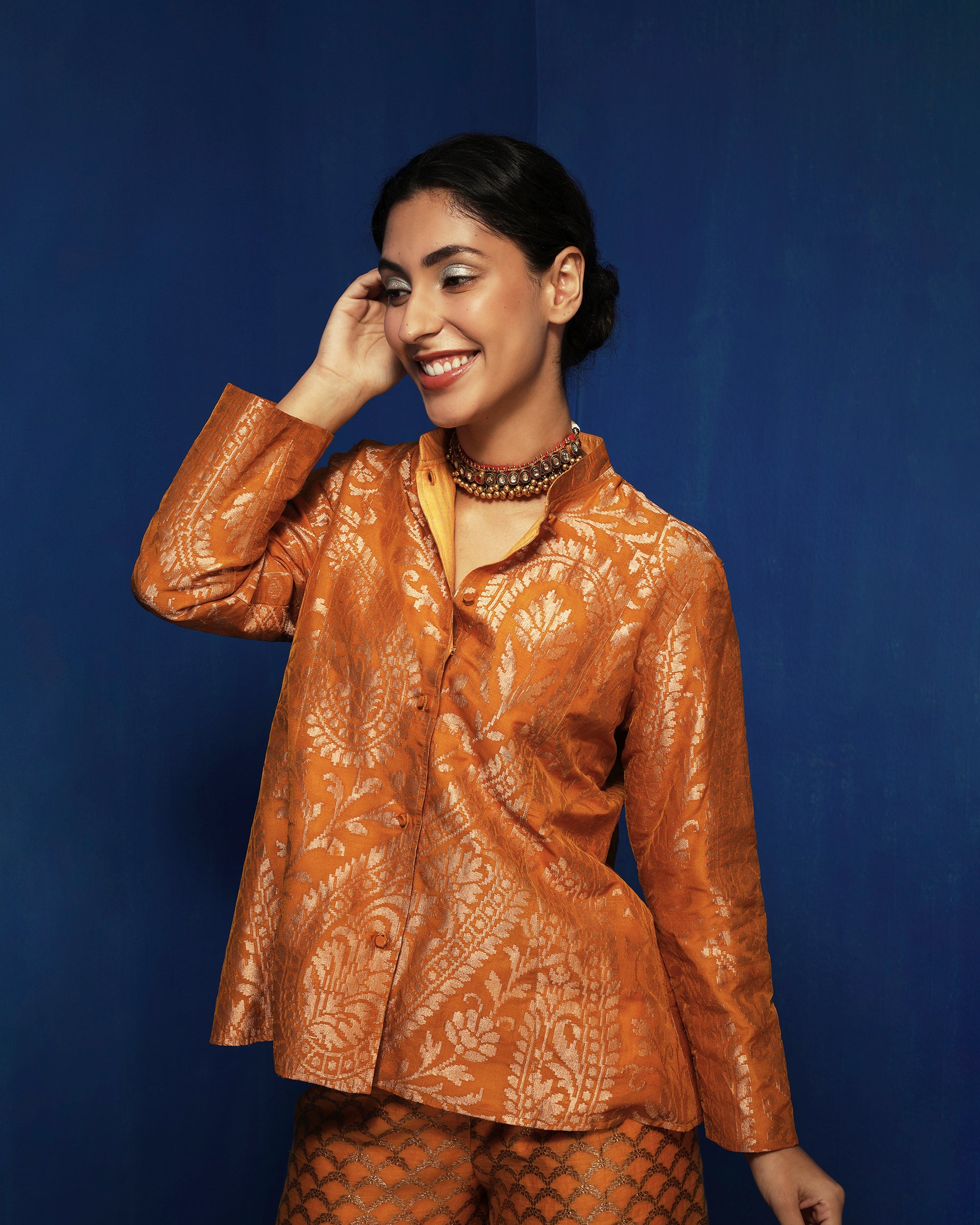 Mustard brocade silk swing jacket