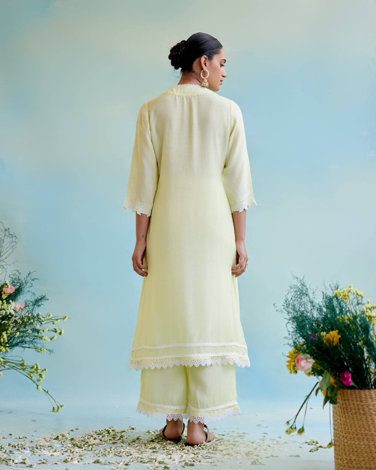 Sunny Lime Pearl Kurta in Silky Modal with Delicate Lace Detaling