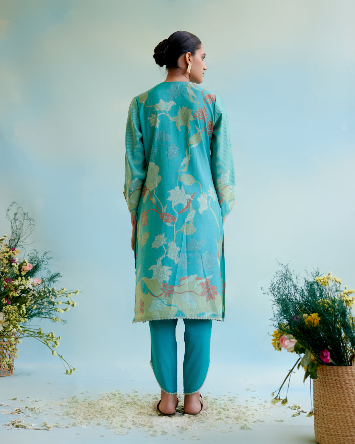 Peacock Blue Printer Kurta with delicate lace detailing with Tulip Pants and Dupatta