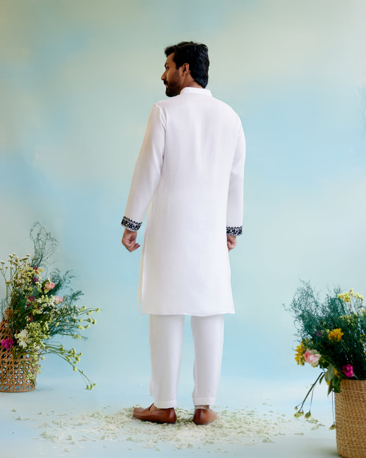 White Muslin Embroidered Kurta with Pure Cotton Narrow Pants